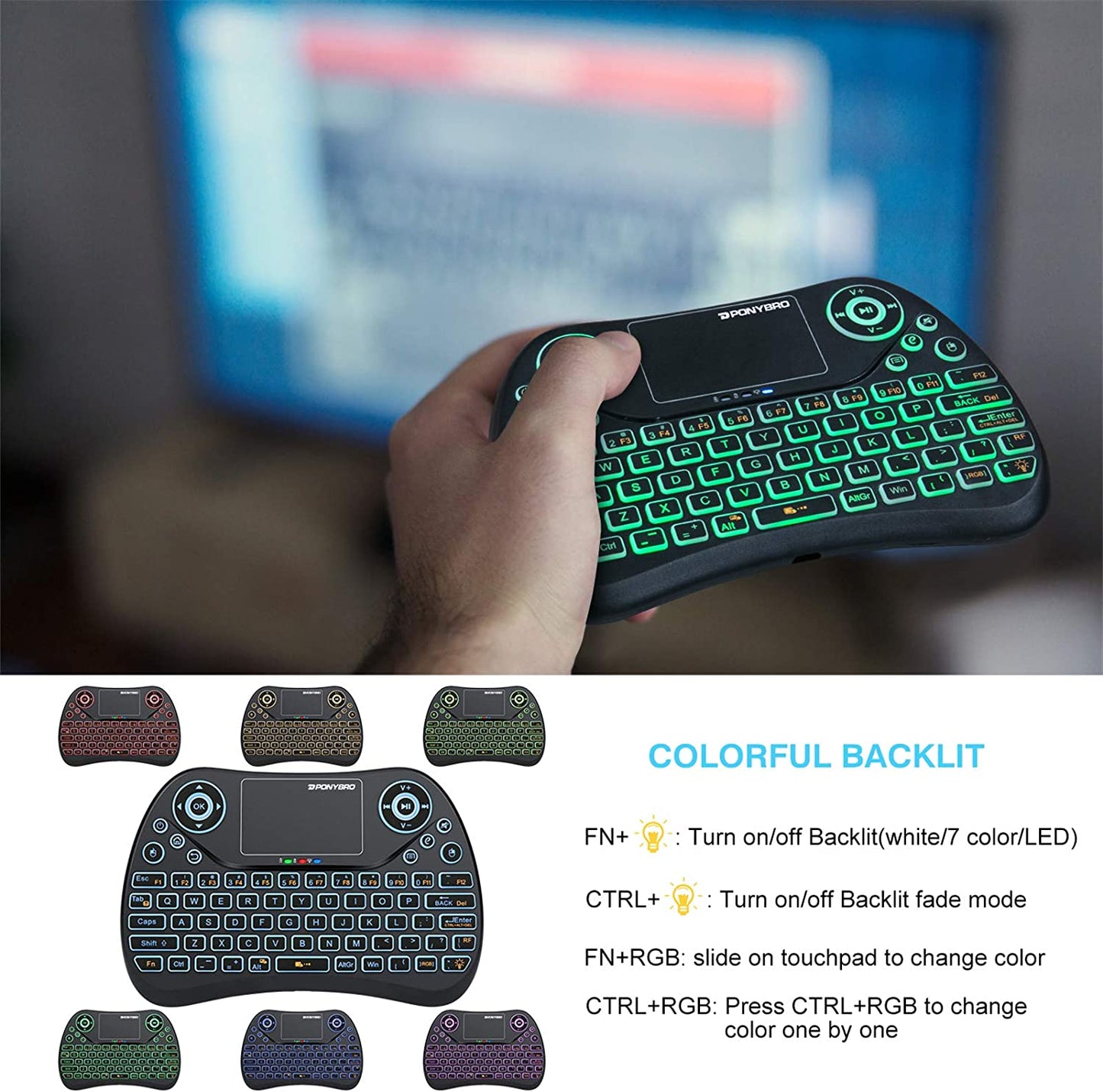 Backlit Mini Wireless Keyboard with Touchpad Mouse Combo. QWERTY Keypad, Rechargeable Handheld Keyboard Remote for Smart TV, Android TV Box, Xbox, Raspberry Pi, PC.