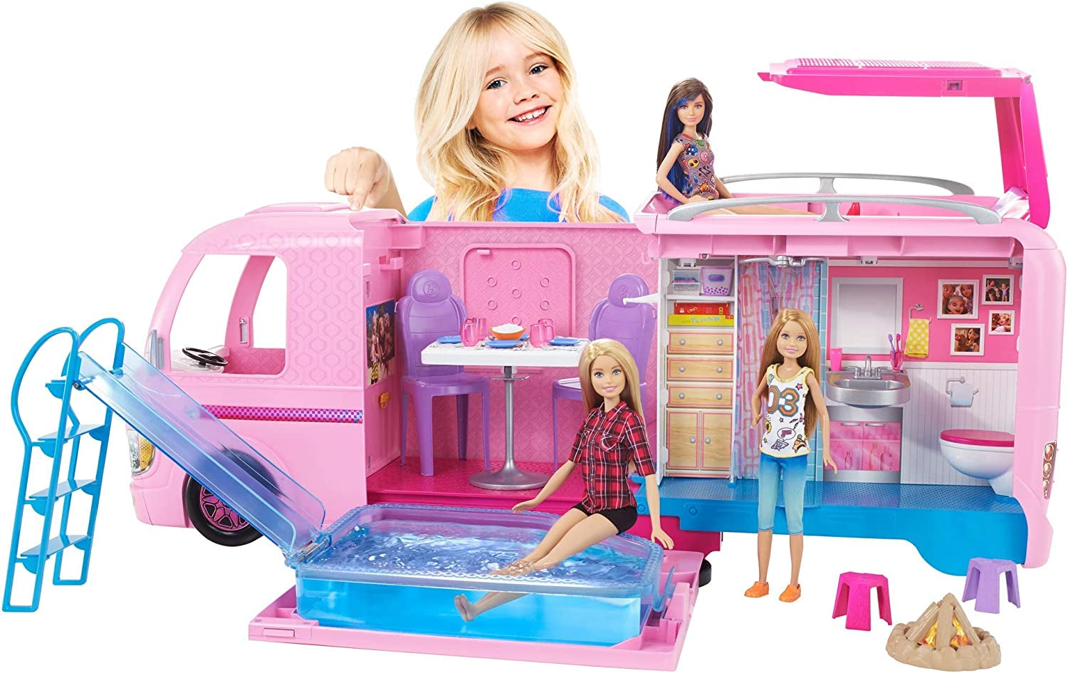 Dreamcamper Toy Vehicle - Camper Playset with 50 Accessories, including Furniture, Pool & Slide, Hammocks & Fireplace.