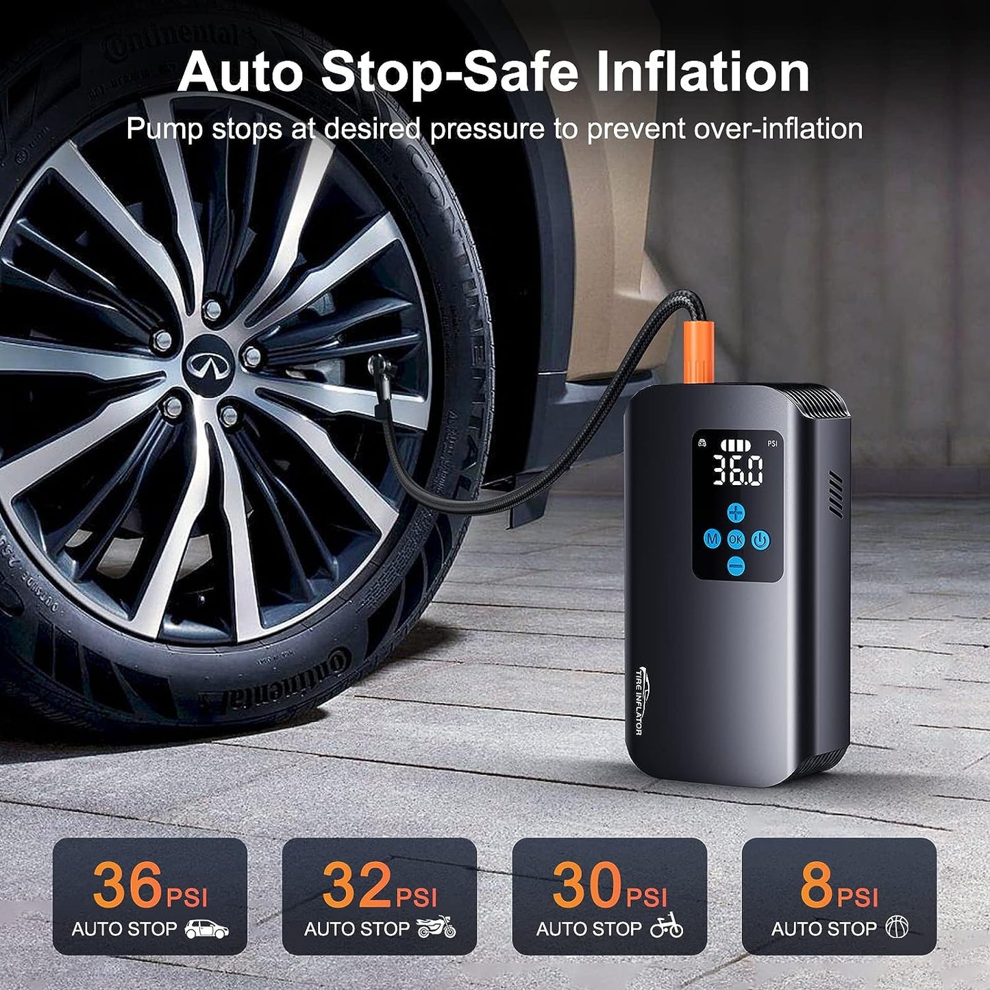 Cordless Air Compressor Tire Inflator with Pressure Gauge - Portable Air Pump for Car Tires, Bike, Motorcycle, and Ball Inflation - 150 PSI Electric Tire Pump with 7800mAh Battery.