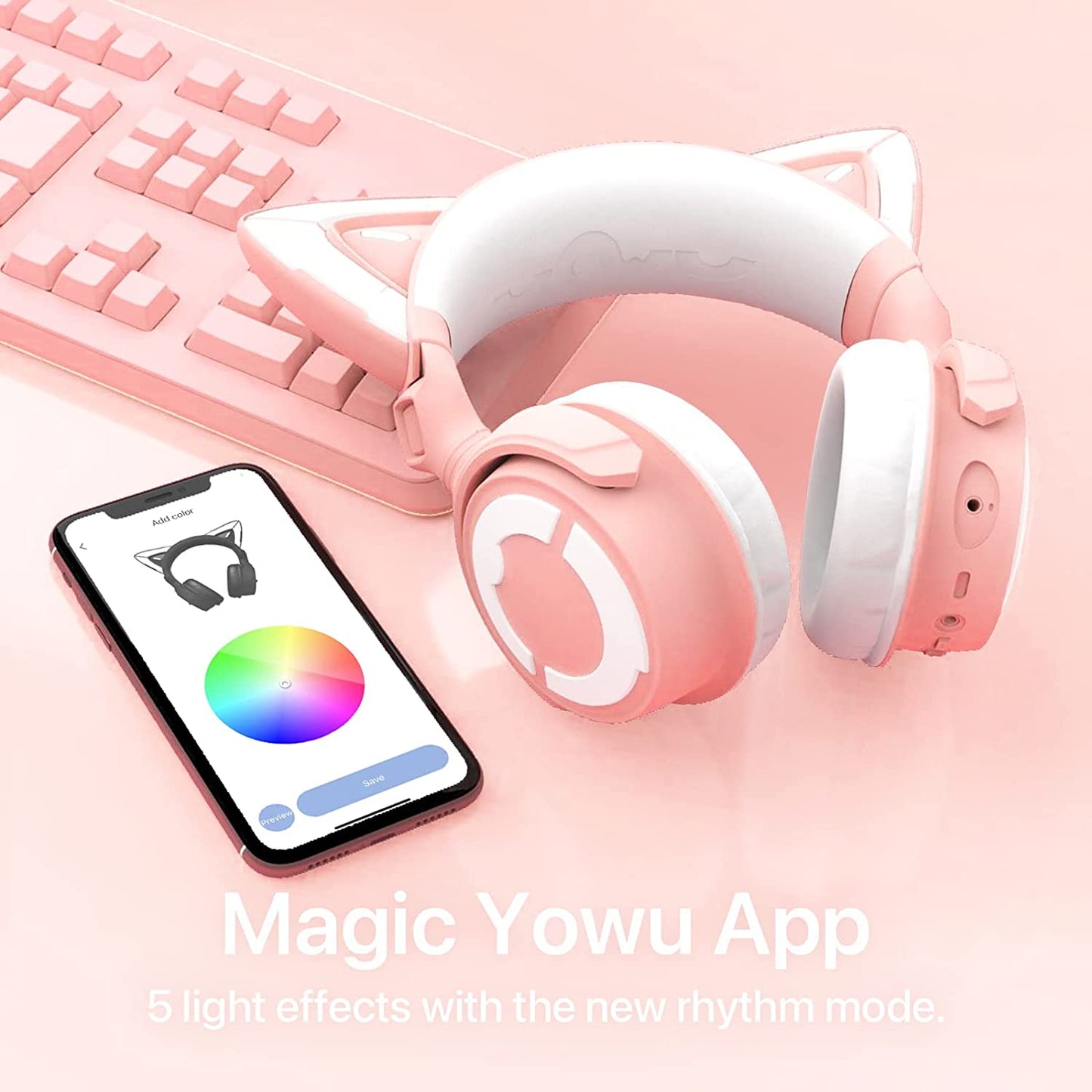 Pink RGB Cat Ear Headphone 4: Upgraded Wireless & Wired Gaming Headset with Attachable HD Microphone. Features Active Noise Reduction, Dual-Channel Stereo, and Customizable Lighting and Effects via APP.