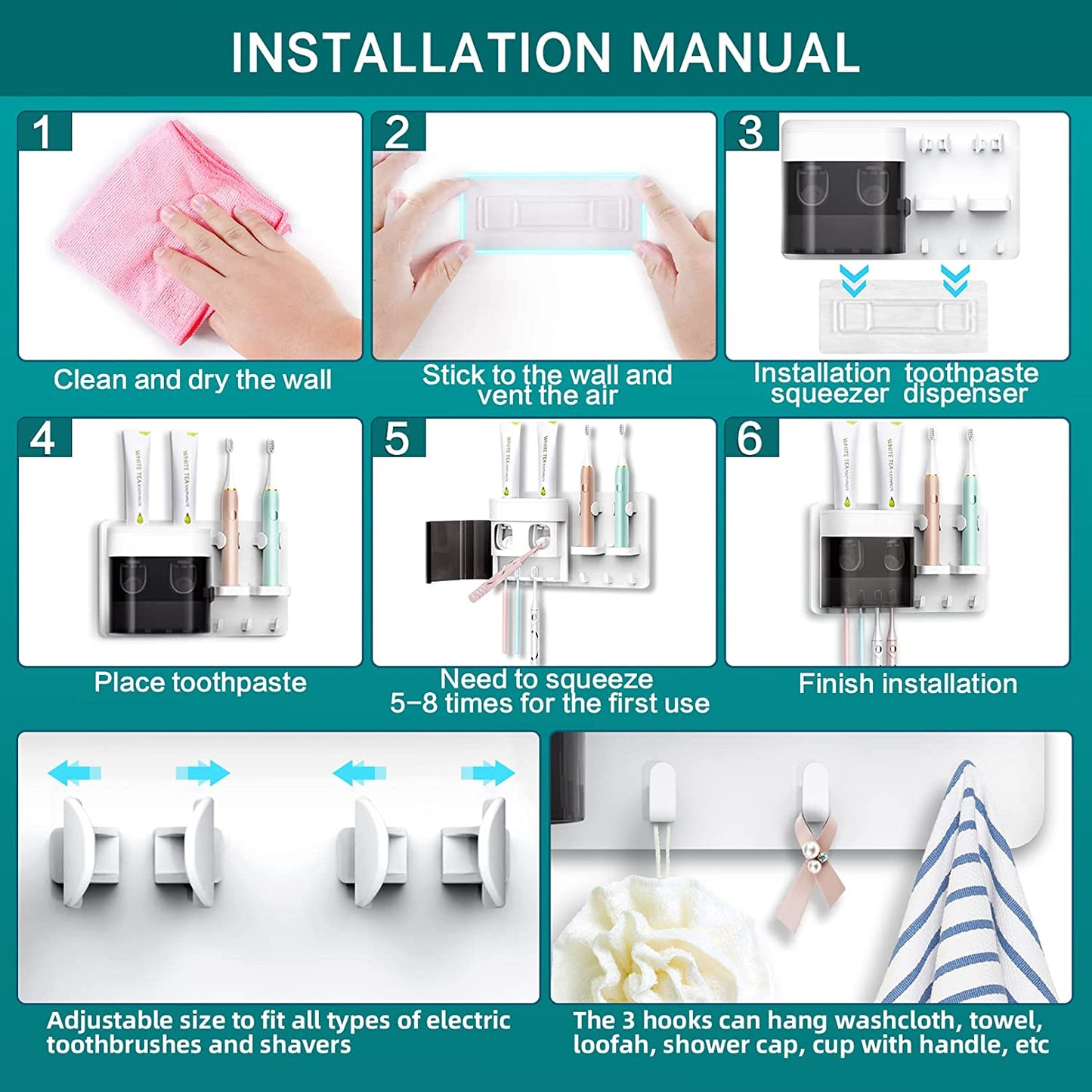 Wall-Mounted Toothbrush Holders with Double Automatic Toothpaste Dispenser, Dust-Proof Cover, 2 Toothpaste Squeezers, 2 Electric Toothbrush Holders, and 4 Toothbrush Organizer Slots.