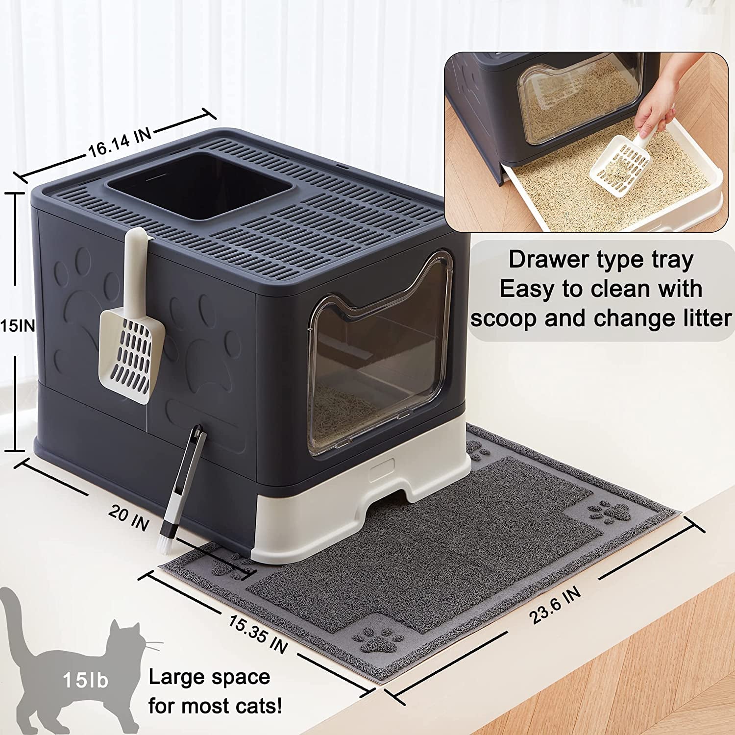  Foldable Cat Litter Box with Lid and Drawer, Large Top Entry  Litter Box with Cat Litter Scoop, Enclosed Kitty Litter Box - Easy Clean Low Tracking Cat Litter Pan (Black)