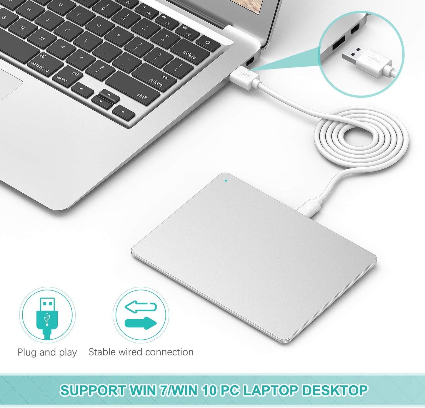 Ultra Slim USB Trackpad Touchpad - Portable Aluminum Wired Touchpad with Multi-Touch Navigation for Windows 7/10 PC Laptop Notebook Desktop Computer, Silver
