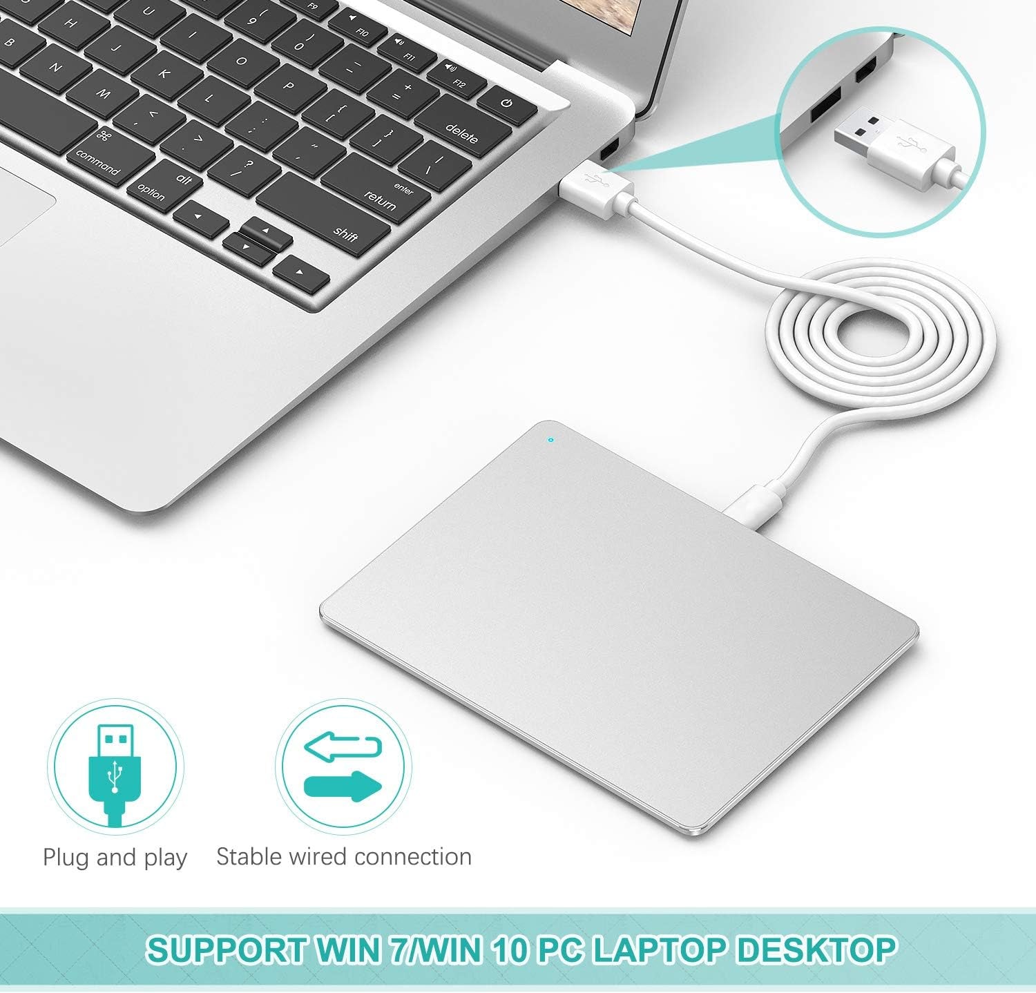 Ultra Slim USB Trackpad Touchpad - Portable Aluminum Wired Touchpad with Multi-Touch Navigation for Windows 7/10 PC Laptop Notebook Desktop Computer, Silver