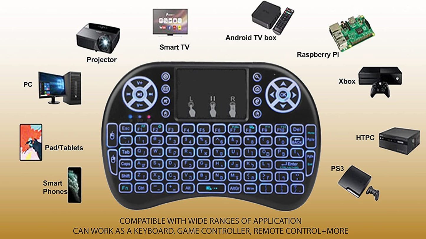 Wireless Mini Keyboard Remote Control - Includes Touchpad Mouse Combo and RGB Backlit - Designed for Smart TVs, Android TV Boxes, PCs, and IPTV - Operates on 2.4GHz Frequency.