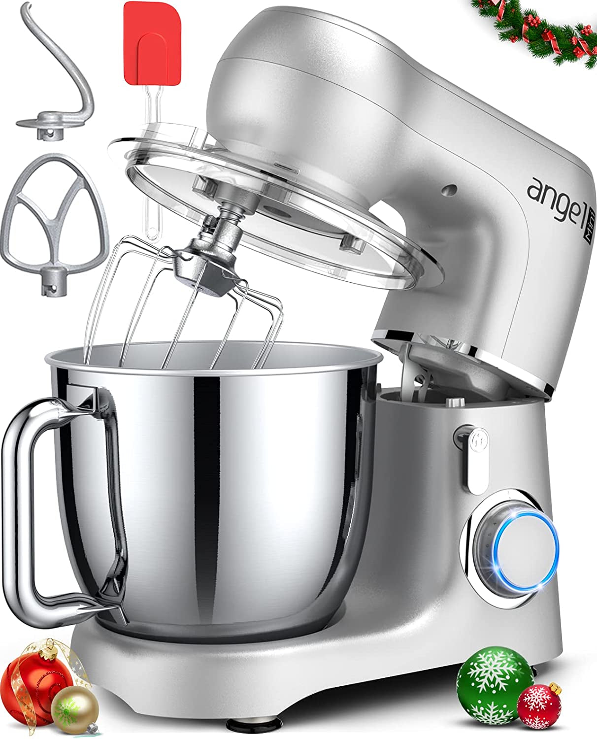 Premium 10-Speed 5.5QT Mini Angel Stand Mixer with DIY Color Stickers, Tilt-Head Design, and Multiple Attachments - Includes Dough Hook, Wire Whisk, Flat Beater, and Stainless Steel Bowl (Silver 1)