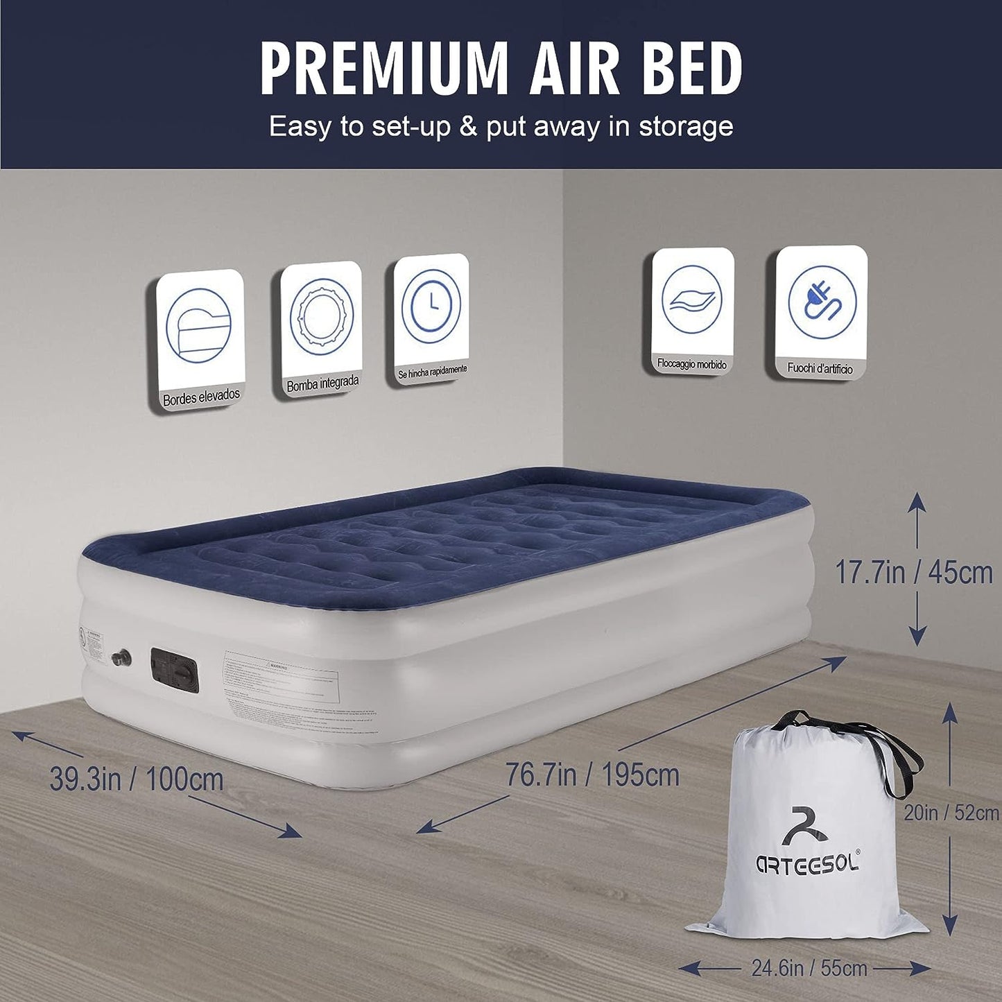 Queen Size Inflatable Air Bed with Built-in Pump for 1-2 Persons, Premium Flocked Material, Rapid 3-Minute Inflation/Deflation, Perfect for Home and Camping, Includes Convenient Storage Bag.