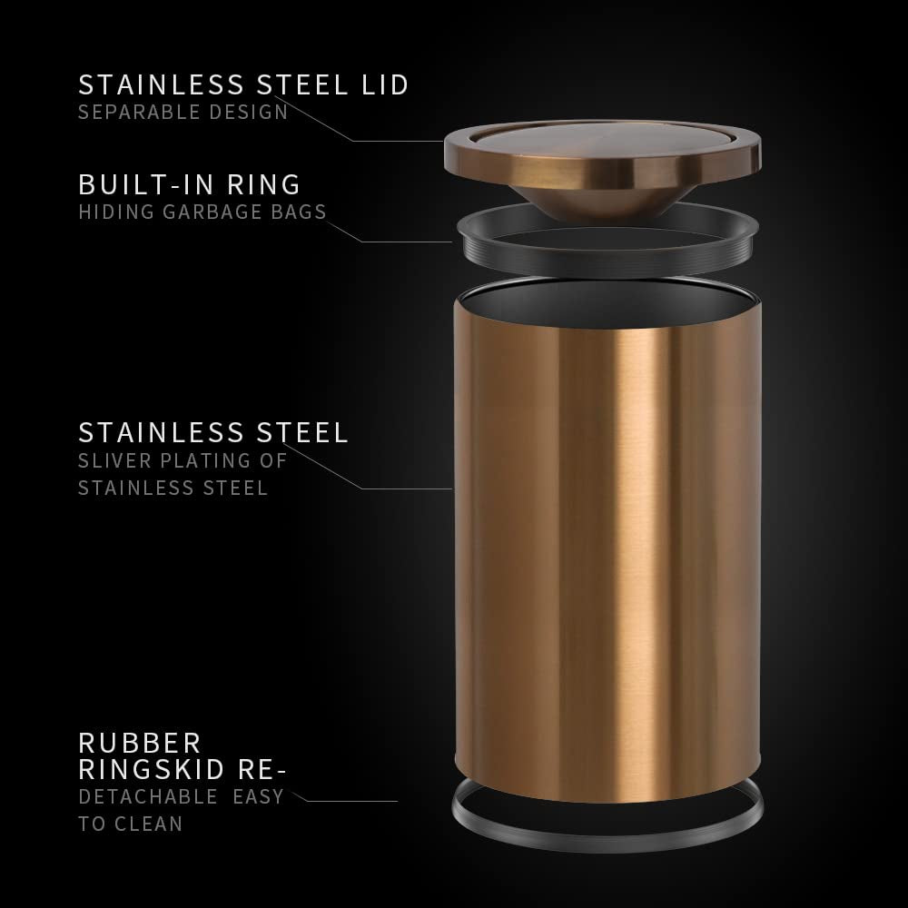 Stainless Steel Trash Can With LId,Bathroom Trash Can，9 L,Garbage cans for Living Room. Metallic Gold (Rose Gold)