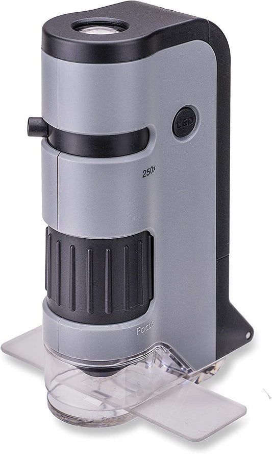 Pocket Microscope Microflip with LED and UV Light, 100X-250X Magnification, Flip Down Slide Base, and Smartphone Digiscoping Clip