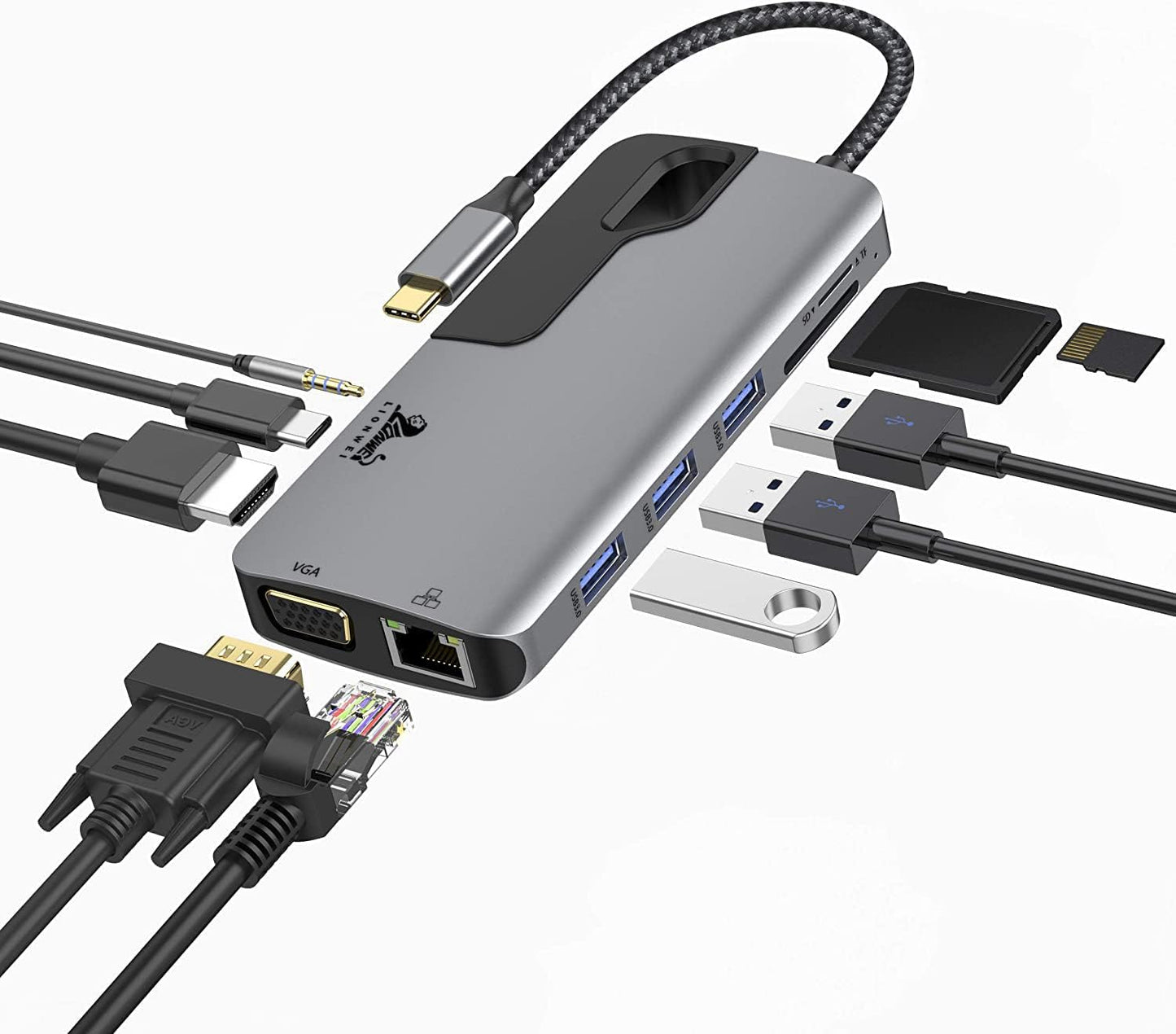 10-in-1 USB C Hub for MacBook Pro 2019/2018/2017 - Thunderbolt 3 Adapter with Gigabit Ethernet, HDMI VGA Adapter, 100W Power Delivery, and Multiple USB Ports