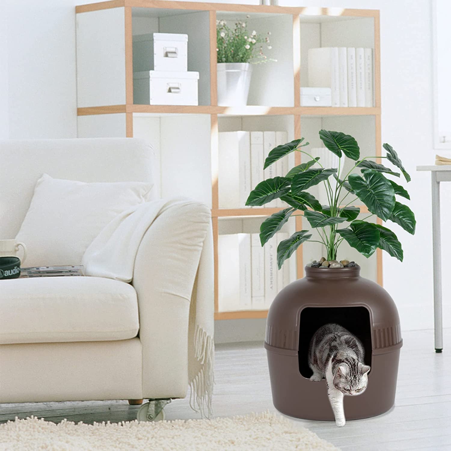 Enclosed Litter Box Enclosure, Plant Pot Design, Includes Faux Plant and Real Stones