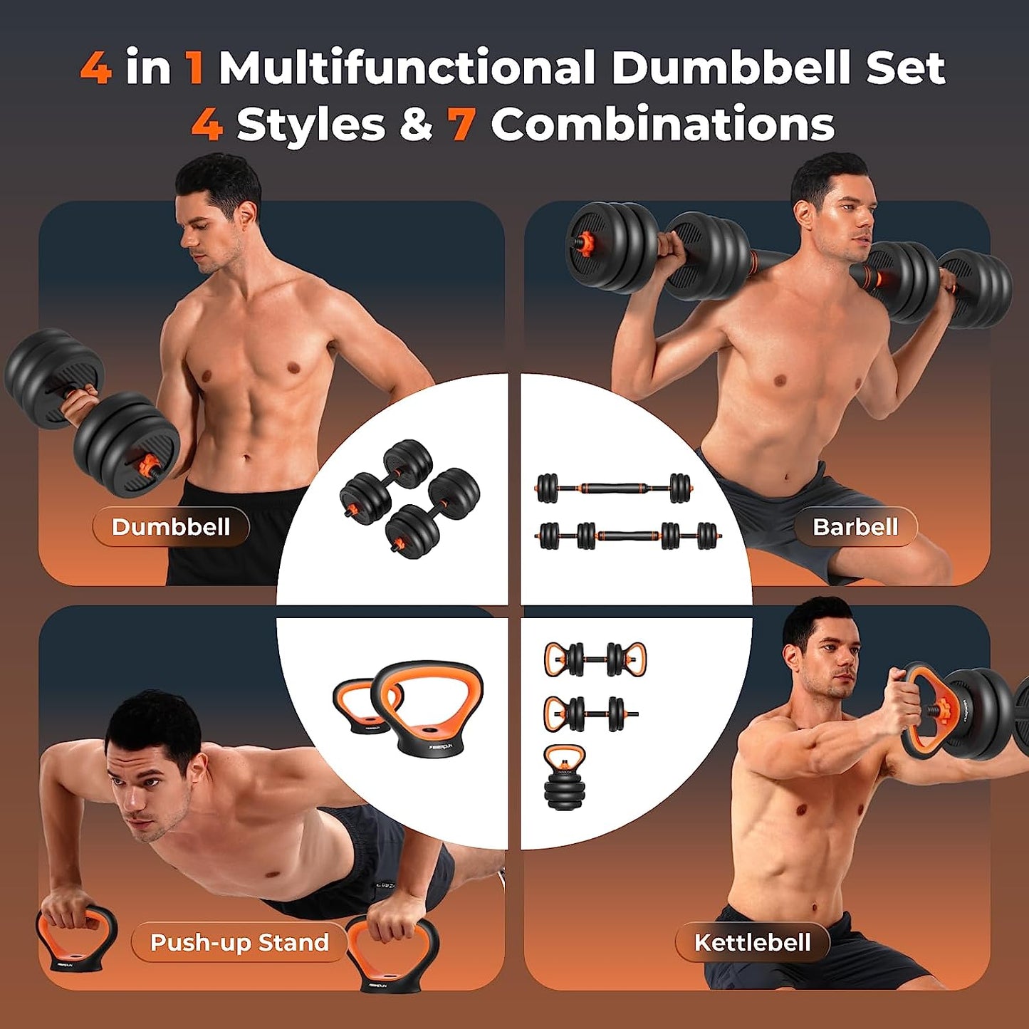 Adjustable Dumbbells - Free Weight Set of 50/90lbs with Connector. This 4-in-1 Dumbbell Set can be Used as Barbell, Kettlebells, and Push-up Stand for Versatile Fitness Exercises at Home Gym. Suitable for Men and Women.