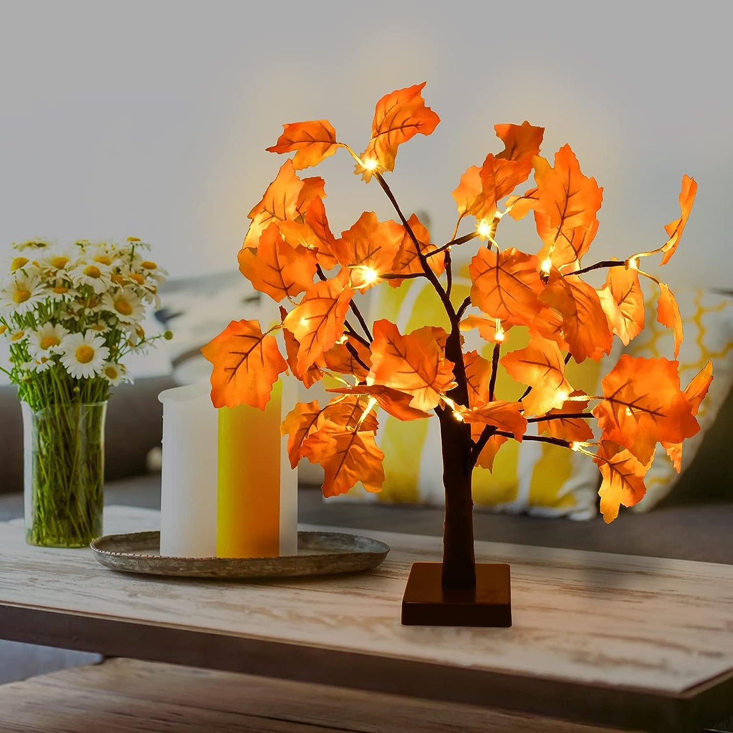 18.7in Artificial Lighted Maple Tree - This Fall Decor features 24 LED lights and is perfect for tabletop use. It adds a warm and festive touch to your home's indoor Thanksgiving and Autumn Decorations. Battery operated for convenience.