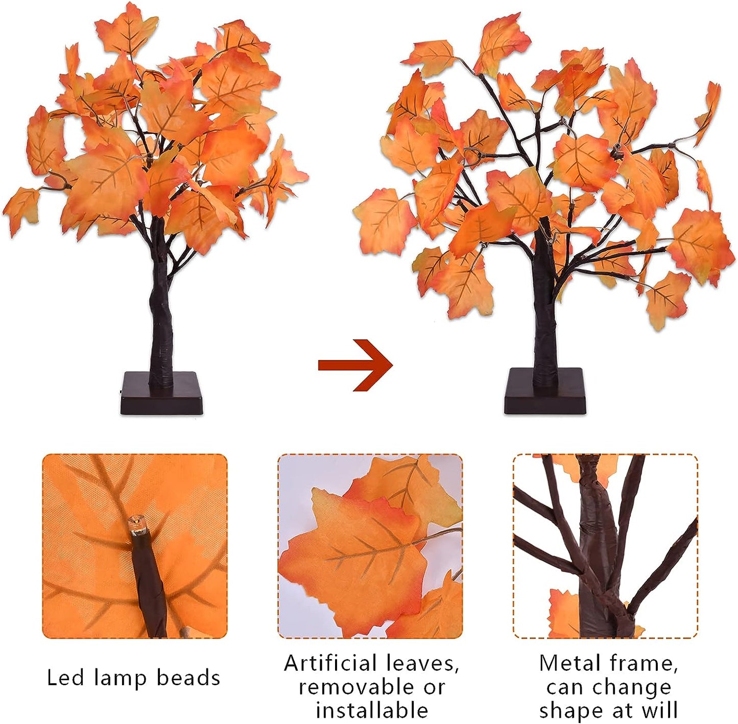 18.7in Artificial Lighted Maple Tree - This Fall Decor features 24 LED lights and is perfect for tabletop use. It adds a warm and festive touch to your home's indoor Thanksgiving and Autumn Decorations. Battery operated for convenience.