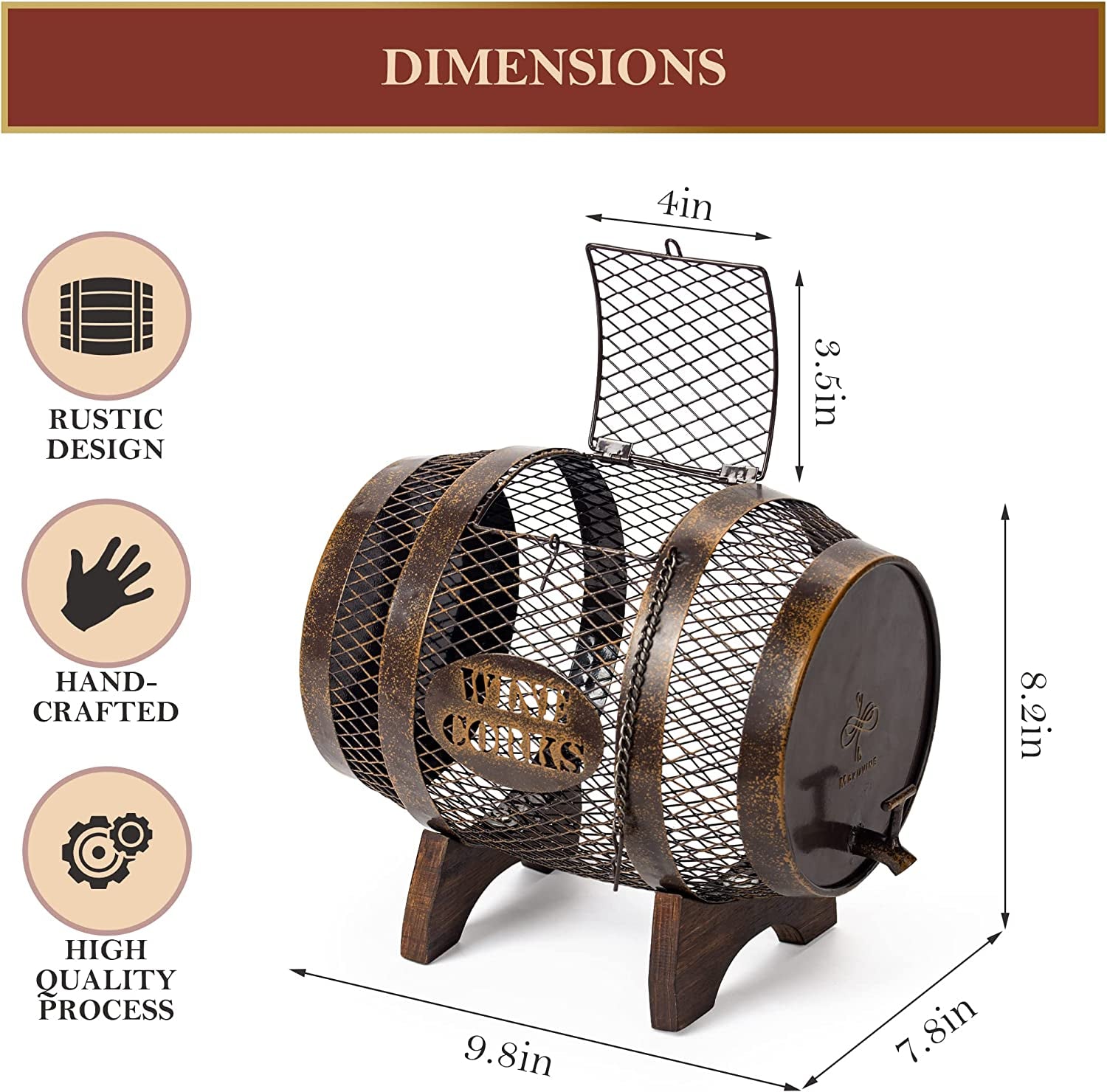 Rustic Metal Large Barrel Wine Cork Holder Display on Wooden Stand: Ideal for Wine Lovers, Housewarming Gifts, Home Bar Decor, Wine Gifts, Engagement Gifts, and Kitchen Decor.