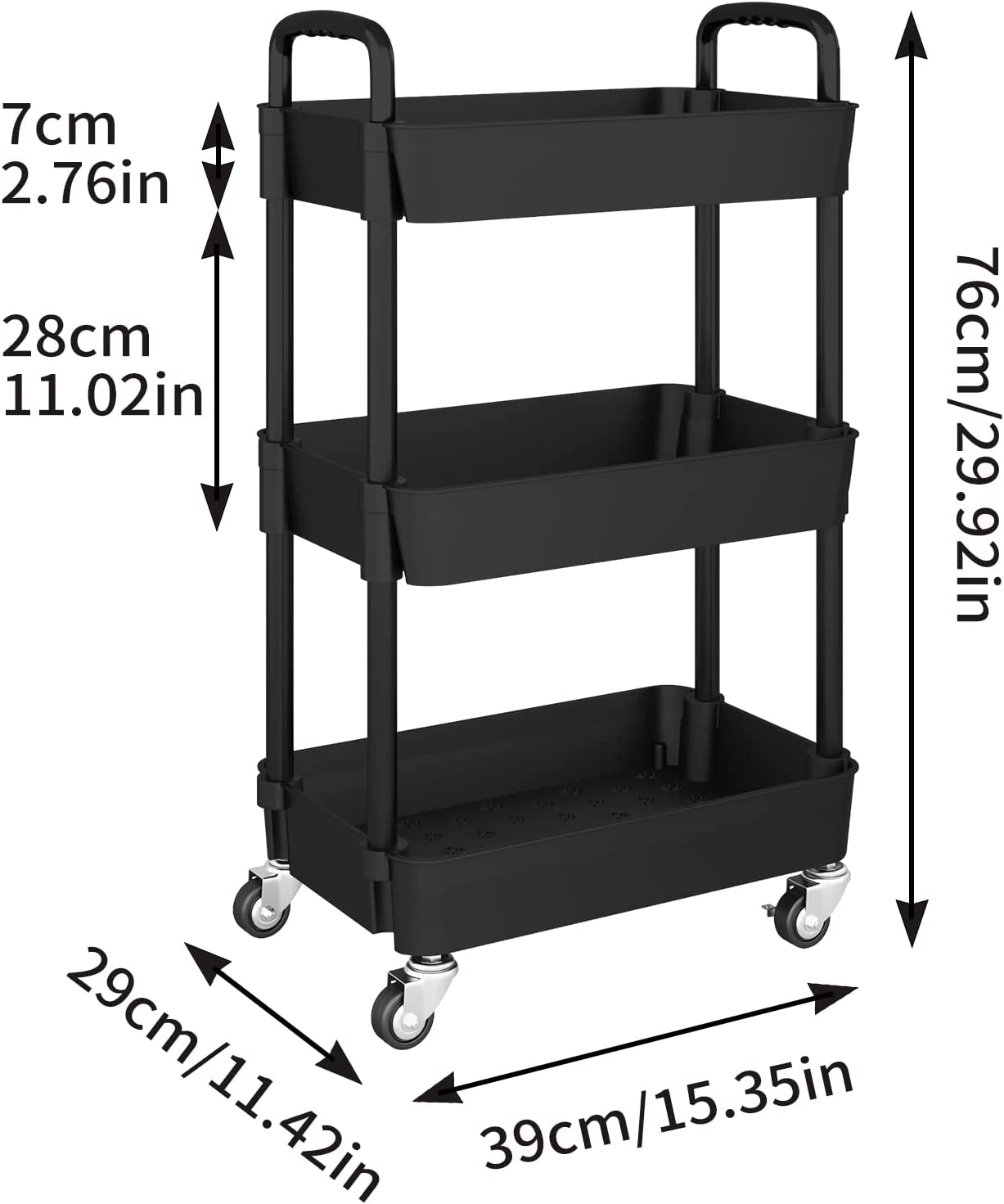 3-Tier Multifunction Kitchen Rolling Utility Cart - Storage Organizer with Handle and 2 Lockable Wheels for Kitchen,Bathroom,Living Room,Office,Black