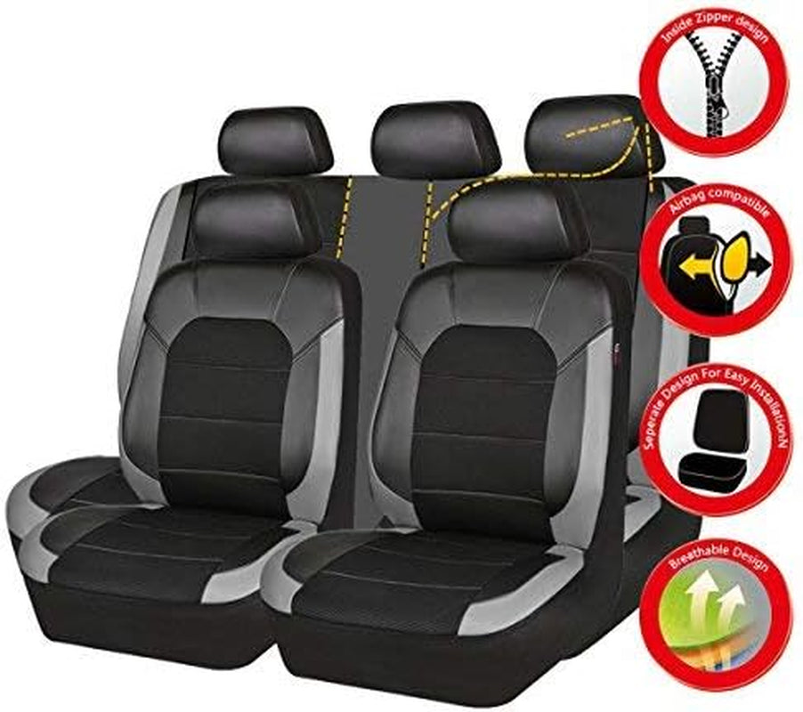 Leather and Mesh Universal Car Seat Covers,Airbag Compatible, for Sedans, Trucks,Suvs (Full Set, Black and Grey)