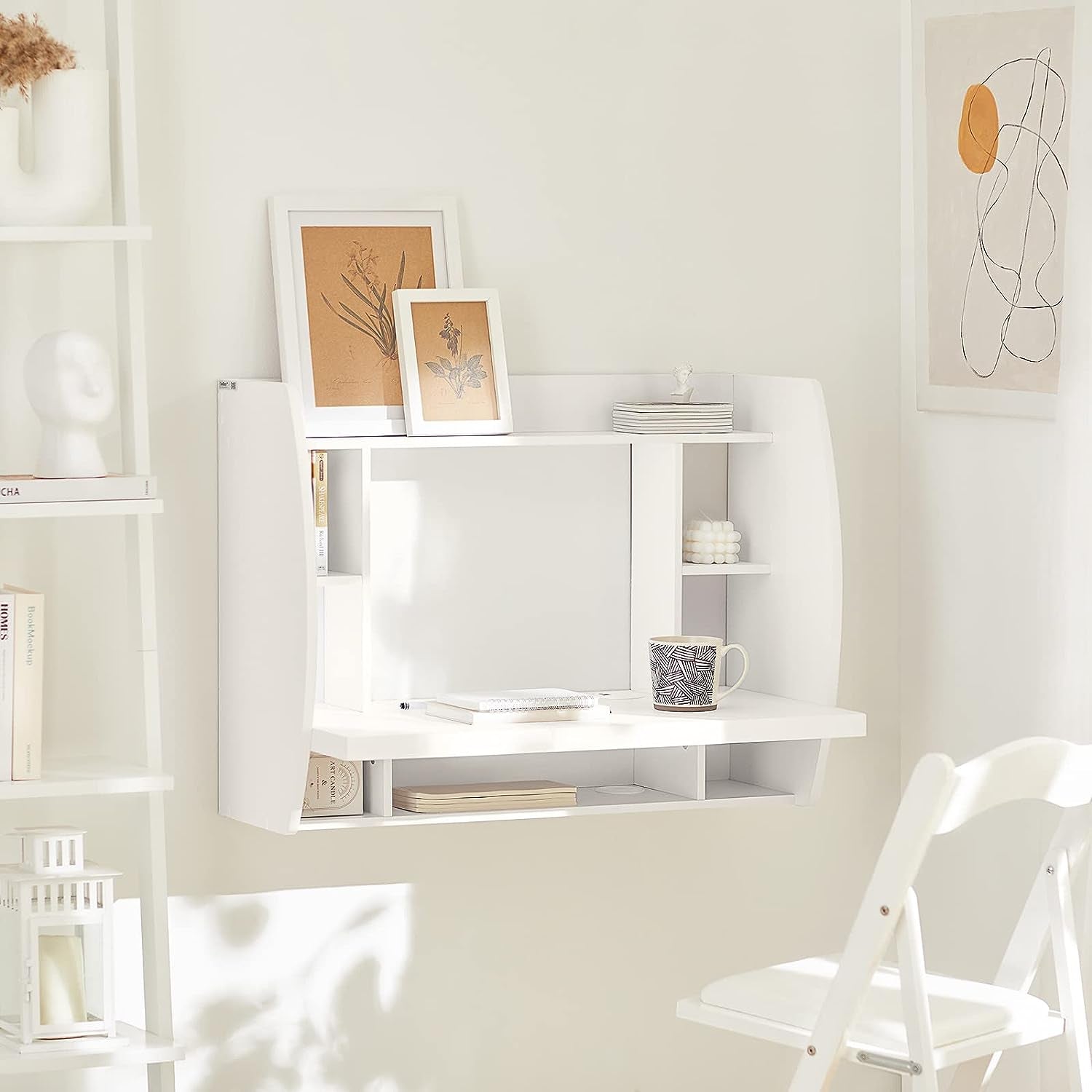 Wall-Mounted Computer Desk with Storage Shelves for Home Office Workstation - White Color