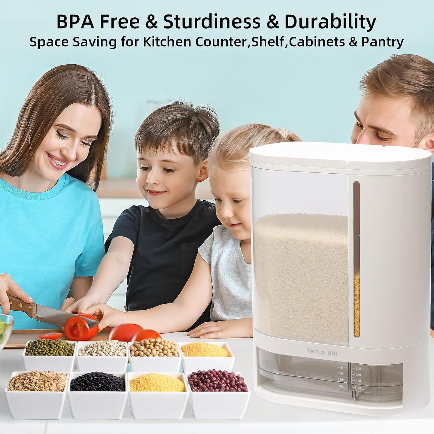 Dual Compartment Rice Dispenser: 12KG Capacity with Measuring Cup, Ideal for Storing Rice, Beans, Grains, and Small Dry Foods, Featuring Separate 8KG and 3KG Compartments