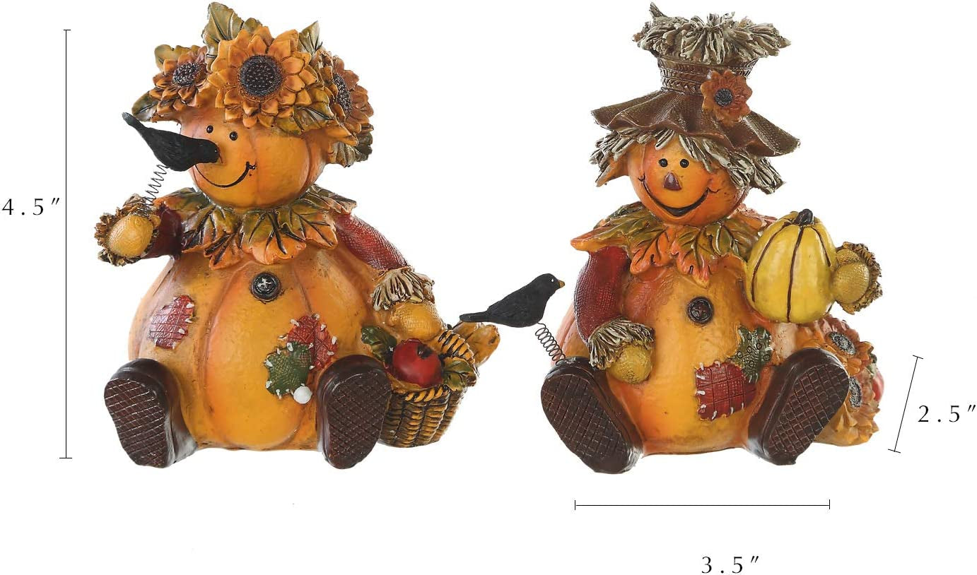 Set of 2 Polystone Table Decor Fall Harvest Statues - These Pumpkin People Dolls are perfect for adding a seasonal fall accent to your home decor.