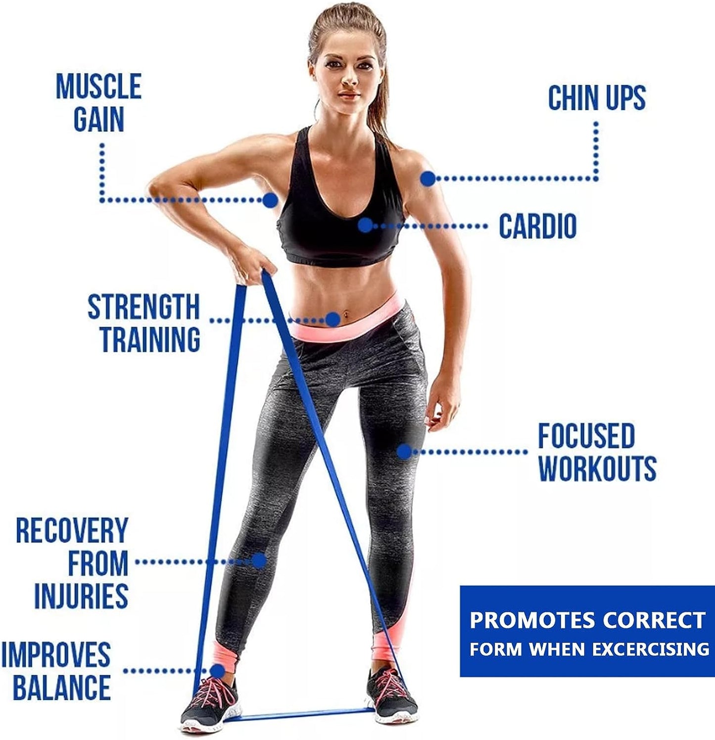 Set of 5 Resistance Bands - Elastic Workout Bands designed for Resistance Training, Pull Up Assistance, Physiotherapy, and Fitness; Long and Durable Exercise Bands suitable for Home or Gym Workouts.