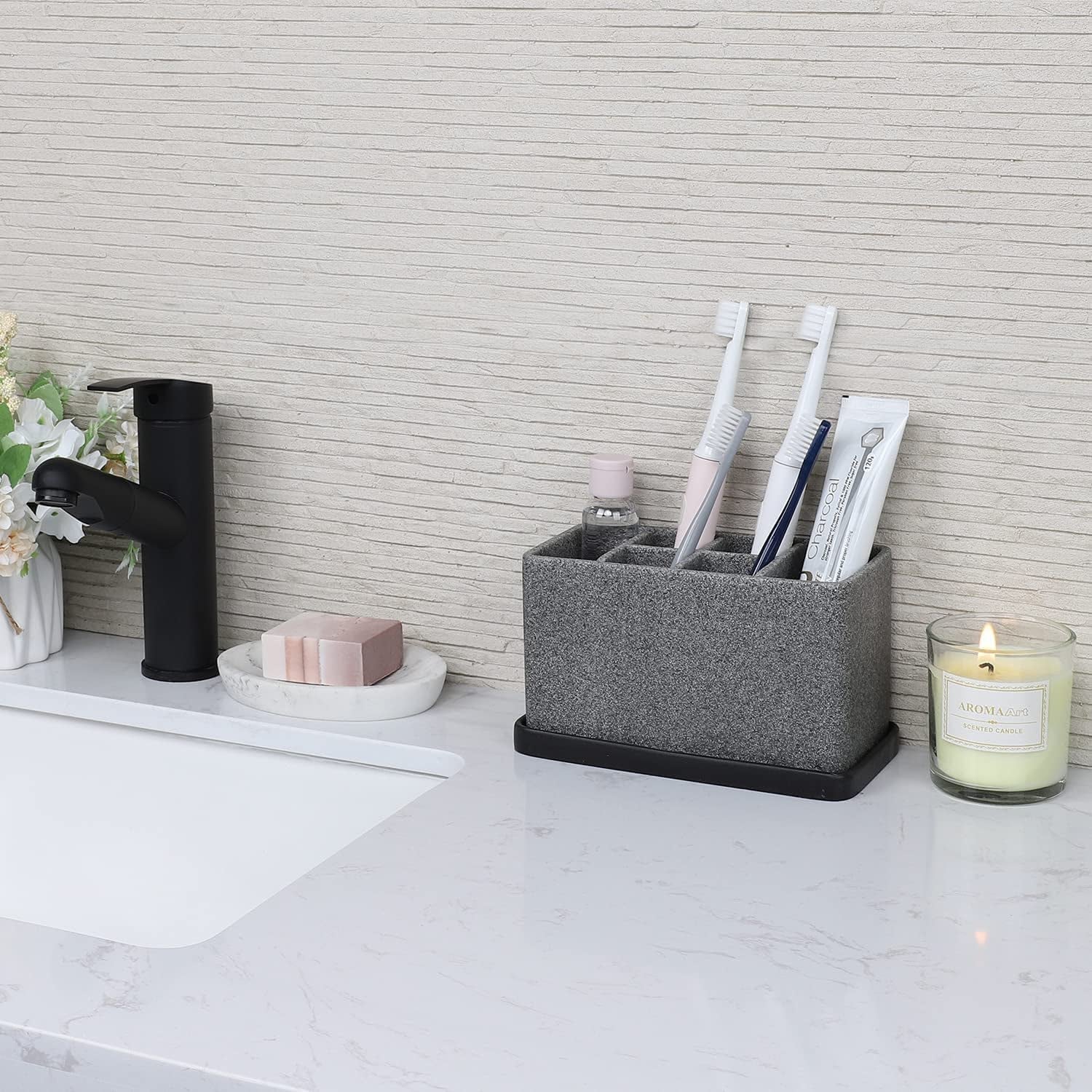 Toothbrush and Bathroom Essentials Organizer - Countertop Storage Caddy for Electric Toothbrushes, Toothpaste, Makeup Brushes, and More