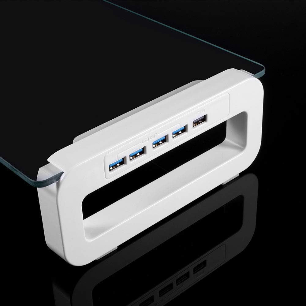 Tempered Glass Monitor Stand Riser with Built-in 4-Port USB 3.0 Hub - Enhances Desk Space, Offers Quick Charge and High-Speed Data Transfer at 5Gbps, Includes USB Cable; Suitable for Laptops, PCs, MacBooks, and More, in a Sleek White Design