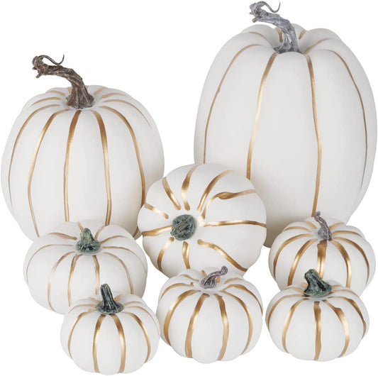 Set of 8 Artificial Large White Gold Pumpkins - These Assorted Sizes Harvest Pumpkins are perfect for Fall, Thanksgiving, Halloween, and holiday decorations.