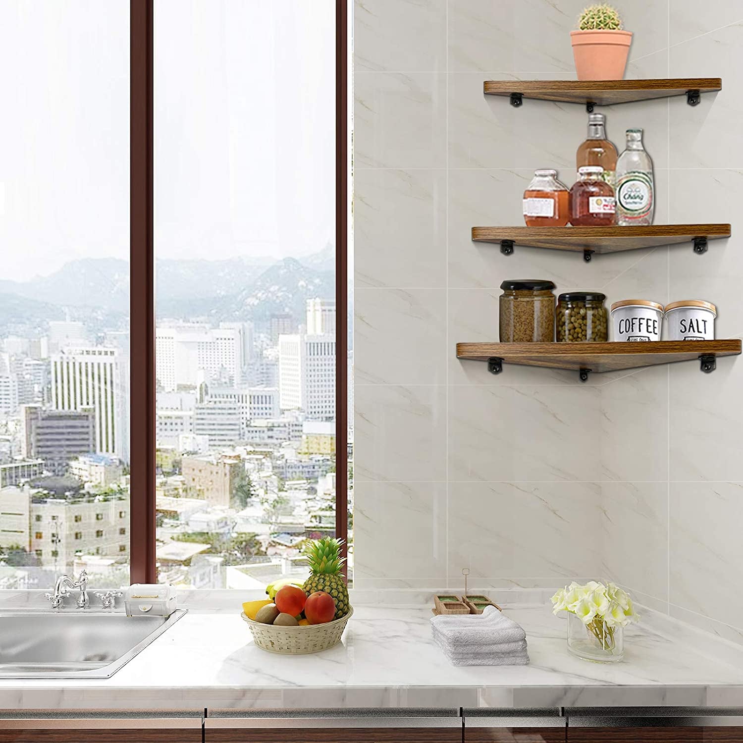Pack of 6 Rustic Wood Corner Wall Shelves - Designed for Home, Kitchen, Bedroom, Living Room, Office, and Nursery - Adds Functional and Decorative Storage.