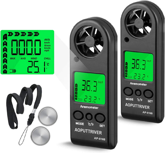 High Precision Handheld Digital Anemometer for Accurate Measurement of Wind Speed, Temperature, and Max/Average/Current, Ideal for Windsurfing, Sailing, Fishing, and Outdoor Activities - Pack of 2 