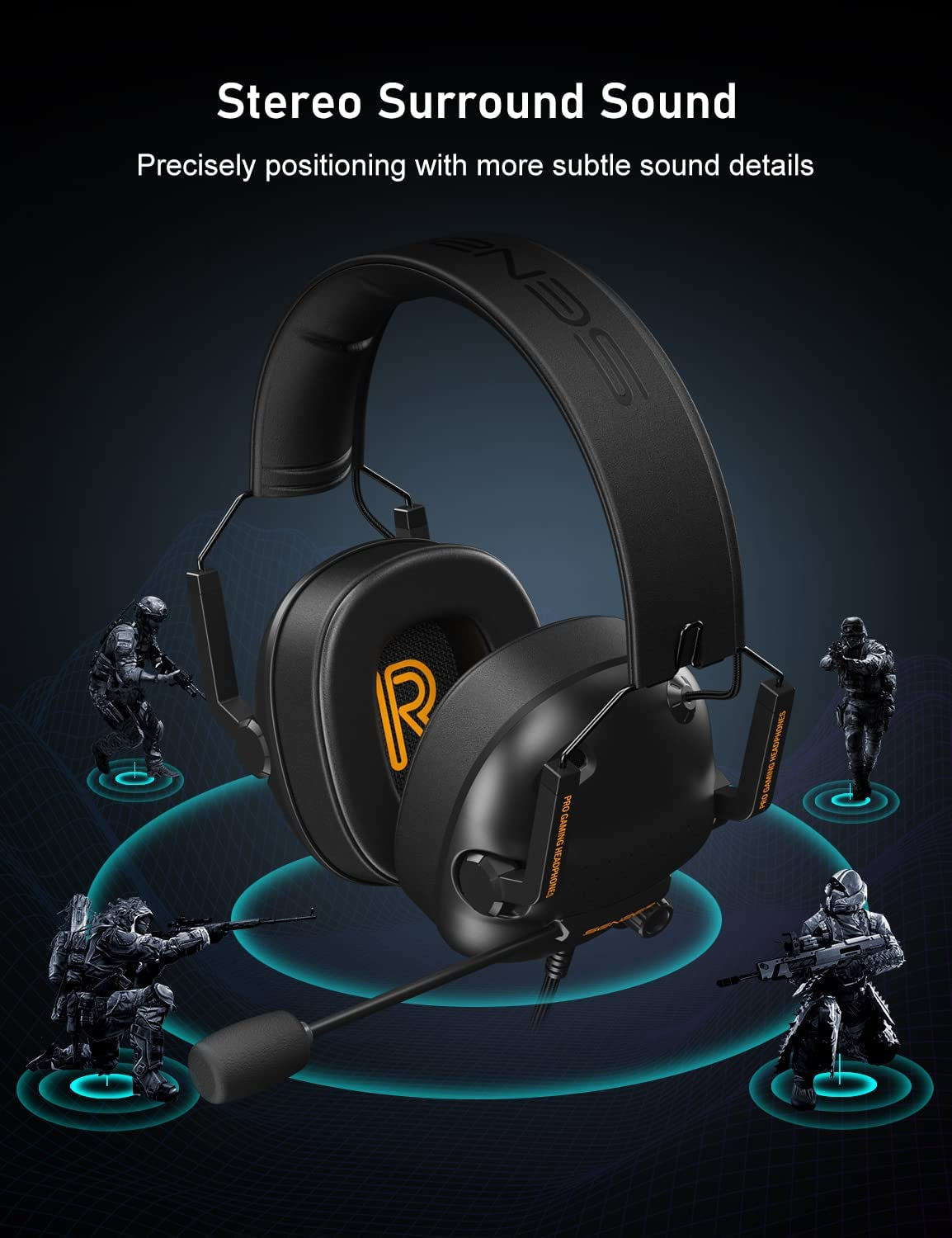 Surround Sound Pro Gaming Headset SG500: Noise Cancelling Microphone, Detachable Memory Foam Ear Pads. Portable Foldable Headphones for PC, PS4, PS5, Xbox One, Switch.