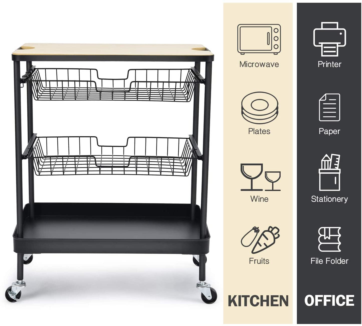 4-Tier Rolling Storage Cart, Kitchen Island Serving Cart: Features Utility Wood Tabletop, 2 Basket Drawers, and Universal Lockable Casters - Ideal for Home, Dining Room, Office, Restaurant, or Hotel Use