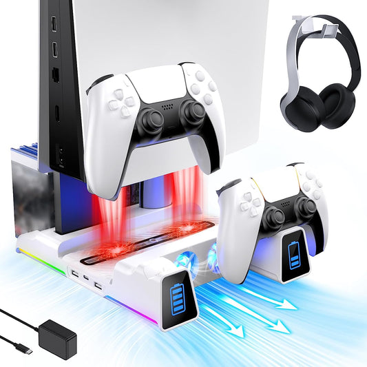PS5 Silent Cooling Stand with RGB LED Light, Dual Charging Station for Dualsense Edge Controller, Hard Drive Slot, Holders for Headset and Remote, and 10 Game Slots - White