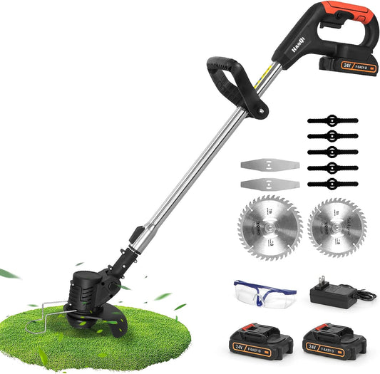 Cordless Electric Weed Wacker: Lightweight and Powerful 24V 2Ah Battery-Powered Weed Eater with 2 Batteries and 3 Types of Blades for Yard and Garden Use (Black)