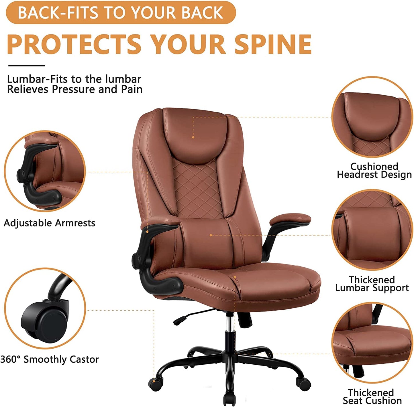 Executive Office Chair - Ergonomic Leather Chair with Adjustable Flip-Up Arms and Lumbar Support for Big and Tall Individuals - High Back Home Office Desk Chair for Increased Comfort and Productivity (Brown)