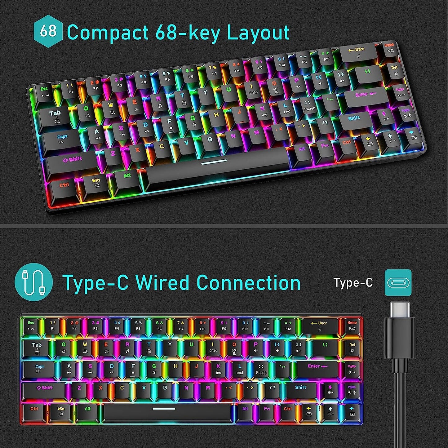 60% Mechanical Gaming Keyboard and Mouse Combo: Ergonomic Mini Anti-Ghosting 68Key with 18 Chroma RGB Backlight. Includes Honeycomb Mice with 6400DPI and Type-C Wired Connection. Ideal for PC, Mac, Gamer  Black+Red