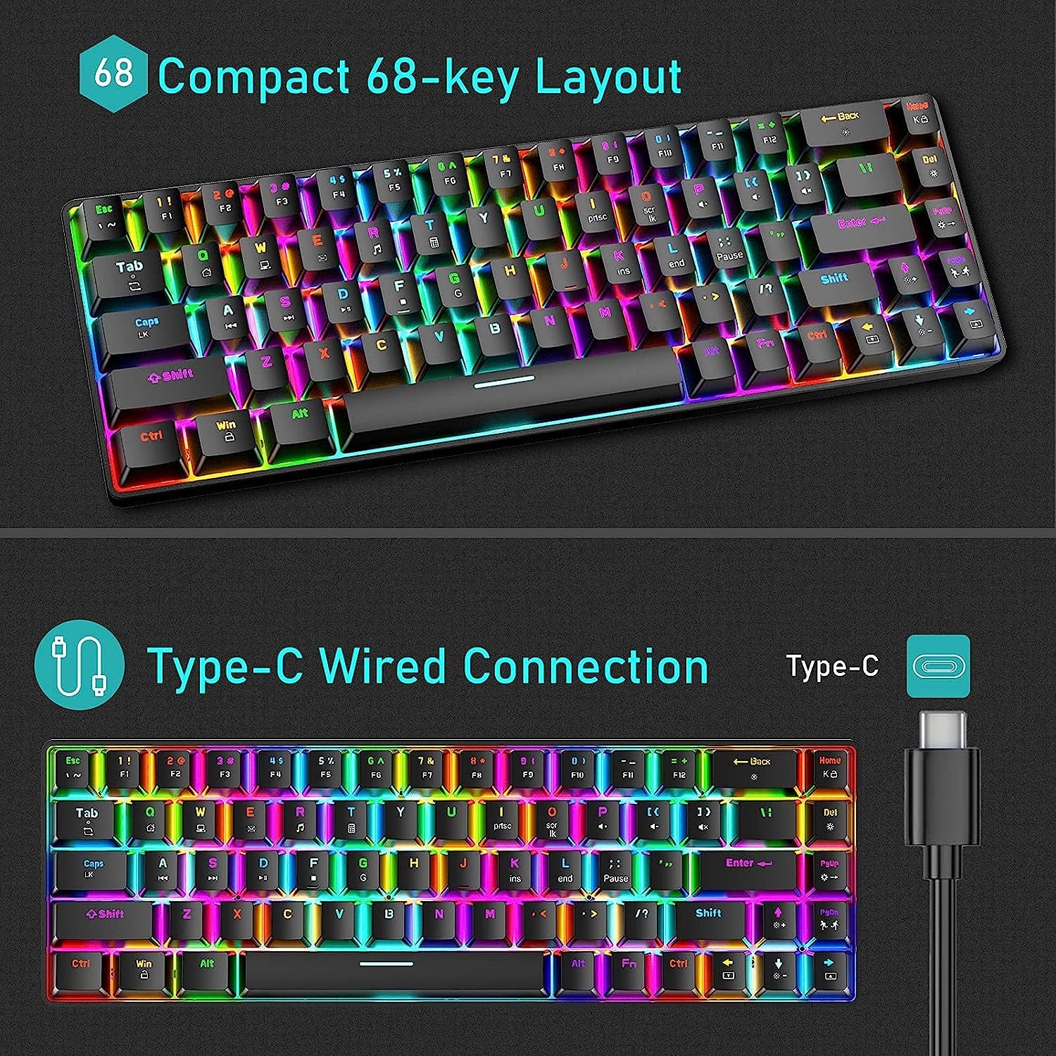 60% Mechanical Gaming Keyboard and Mouse Combo: Ergonomic Mini Anti-Ghosting 68Key with 18 Chroma RGB Backlight. Includes Honeycomb Mice with 6400DPI and Type-C Wired Connection. Ideal for PC, Mac, Gamer  Black+Red