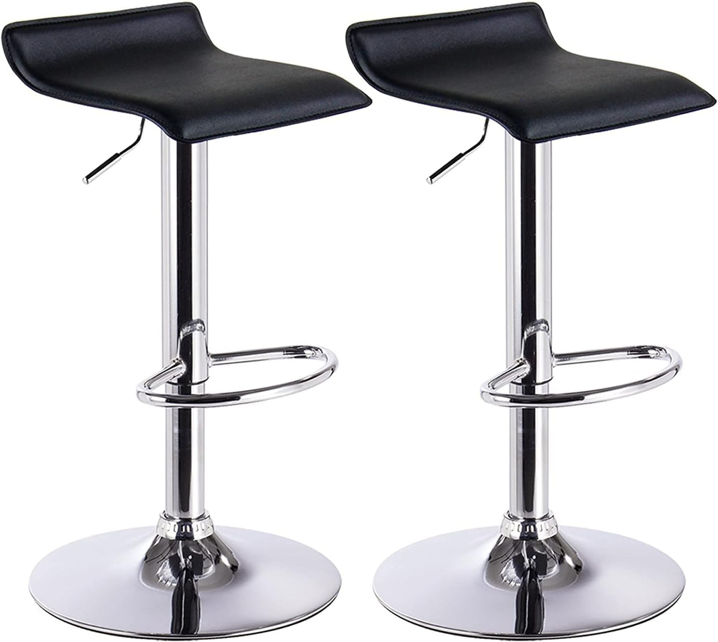 Set of 2 Swivel and Height Adjustable Black Bonded Leather Bar Stool Chairs for Furniture. These chairs feature a 360-Degree Swivel, Low Backrest, and Stable Footrest.