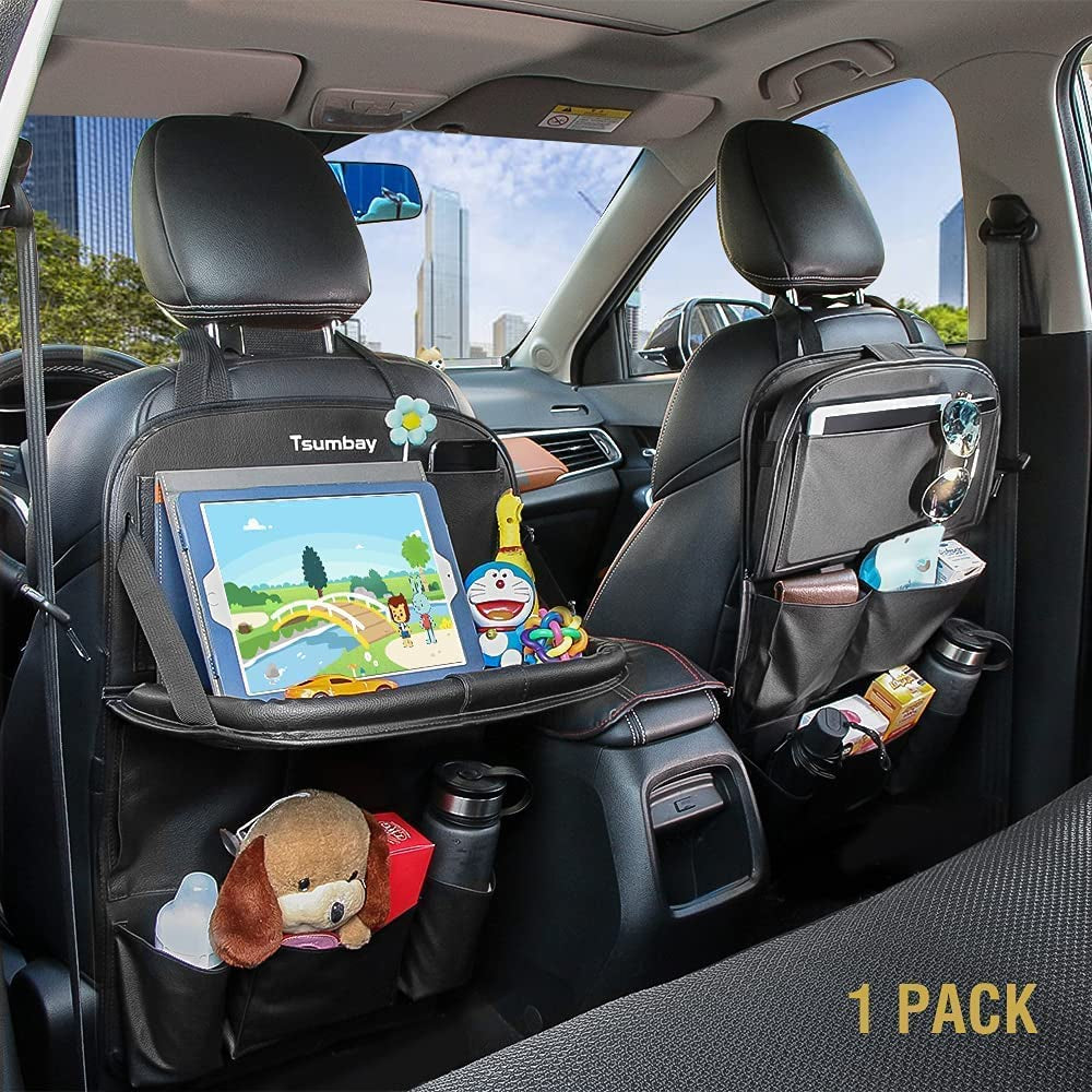  Car Backseat Organizer with Tablet Holder.25 9 Storage Pockets PU Leather Car Storage Organizer with Foldable Table Tray Car Seat Back Protectors Kick Mats Travel Accessories-Black 1Pcs