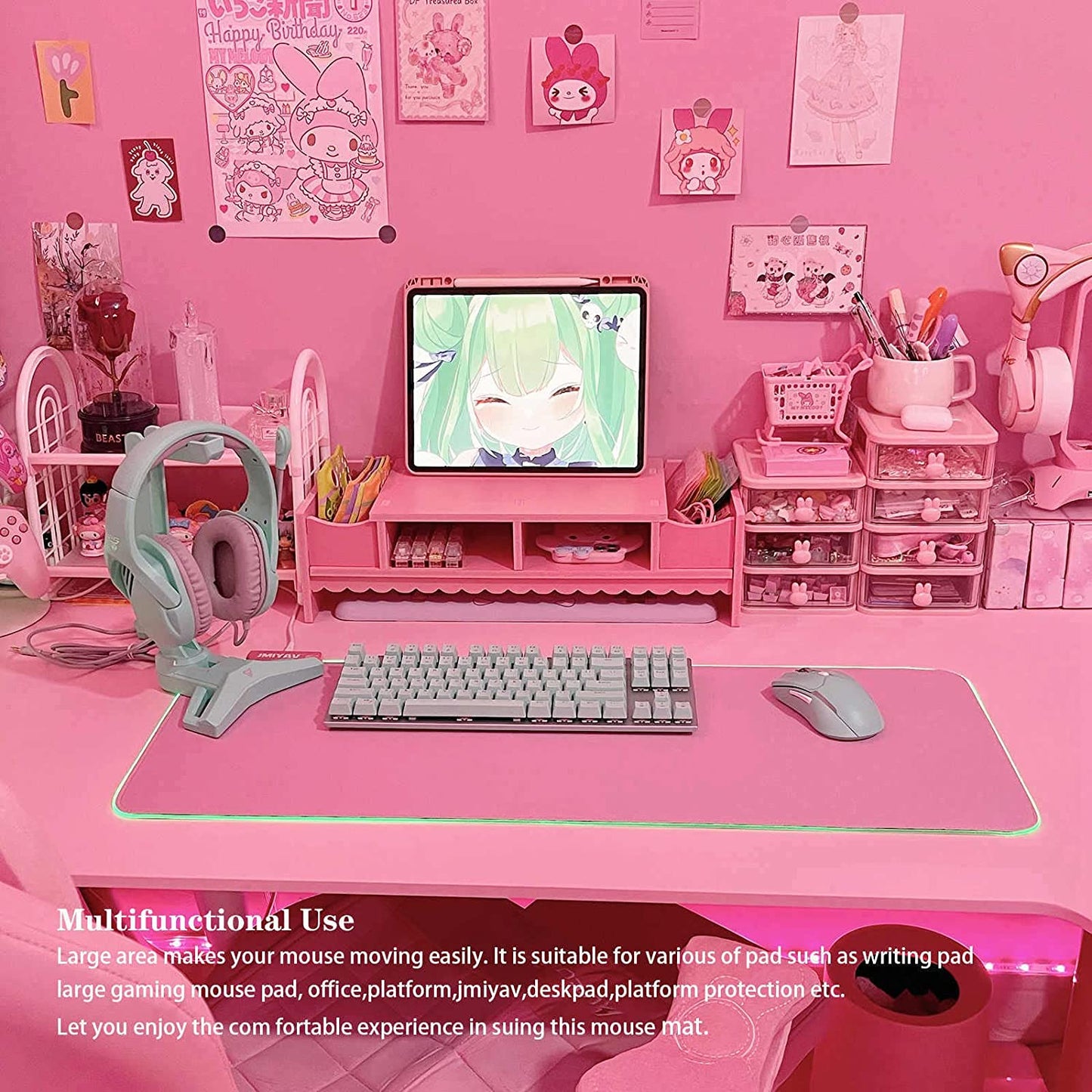 Pink RGB Gaming Mouse Pad - 31.5X12 Inch, XL Extended Size, Glowing LED Light, Non-Slip Rubber Base, Cute Design 