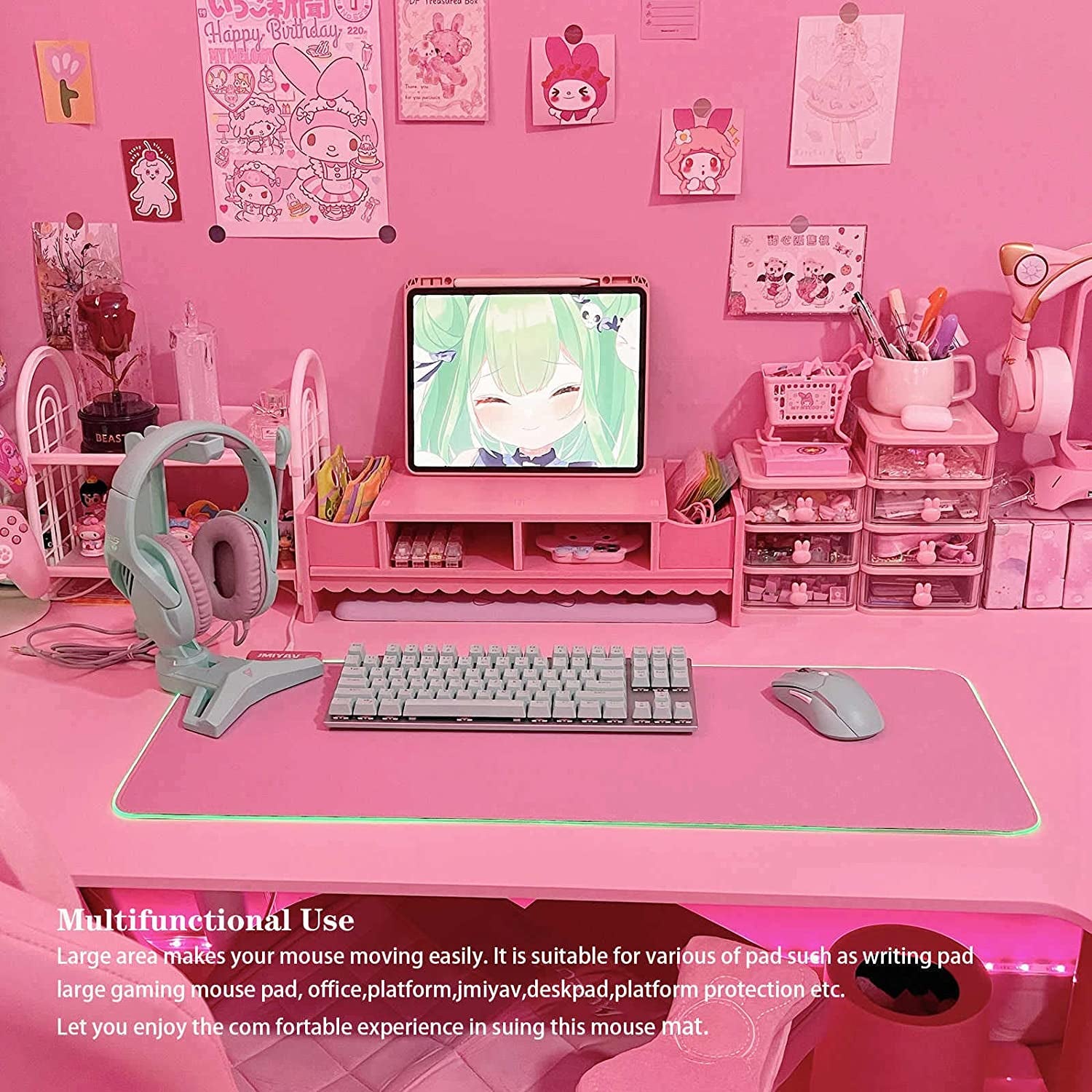 Pink RGB Gaming Mouse Pad - 31.5X12 Inch, XL Extended Size, Glowing LED Light, Non-Slip Rubber Base, Cute Design 