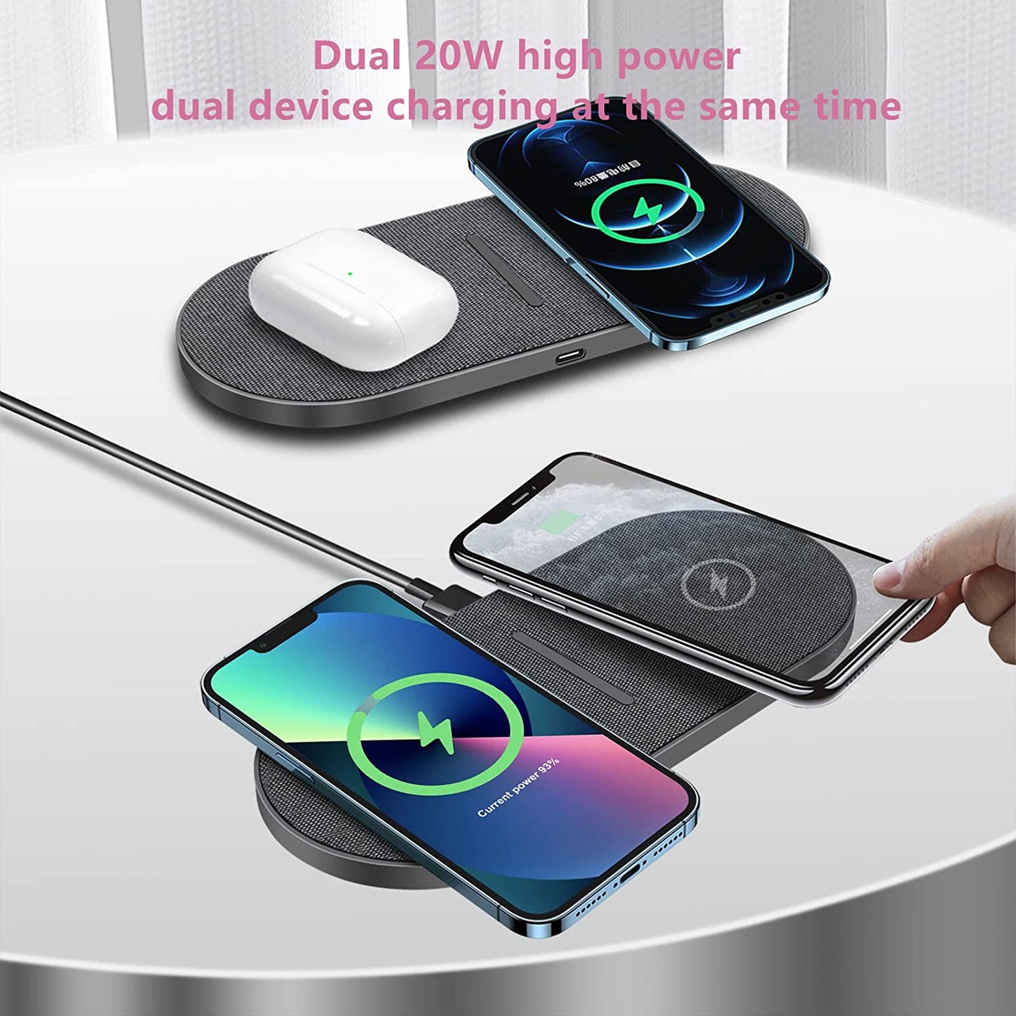 Dual 20W Wireless Charging Pad: 2 in 1 Fast Wireless Charging Mat for iPhone 14, 13, 12, 11/Pro/Plus/Mini/SE/X/Xs and Apple AirPods 3/2/Pro. Also, a 15W Wireless Charger Station for Samsung Galaxy/Note/Galaxy Buds.