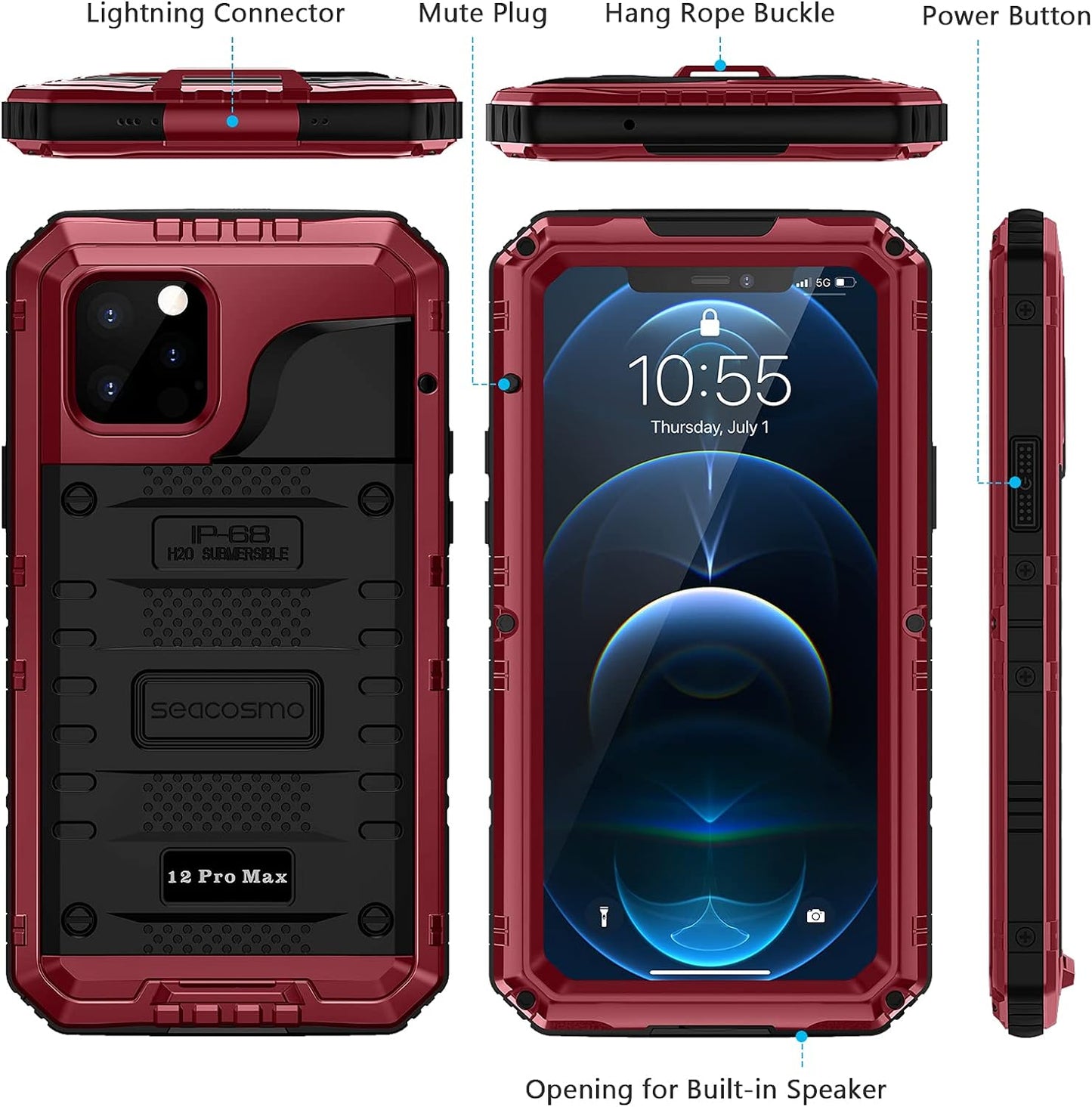 Military Grade Rugged Heavy Duty Waterproof Case for iPhone 12 Pro Max - Full Body Protection with Built-in Screen Protector - Red