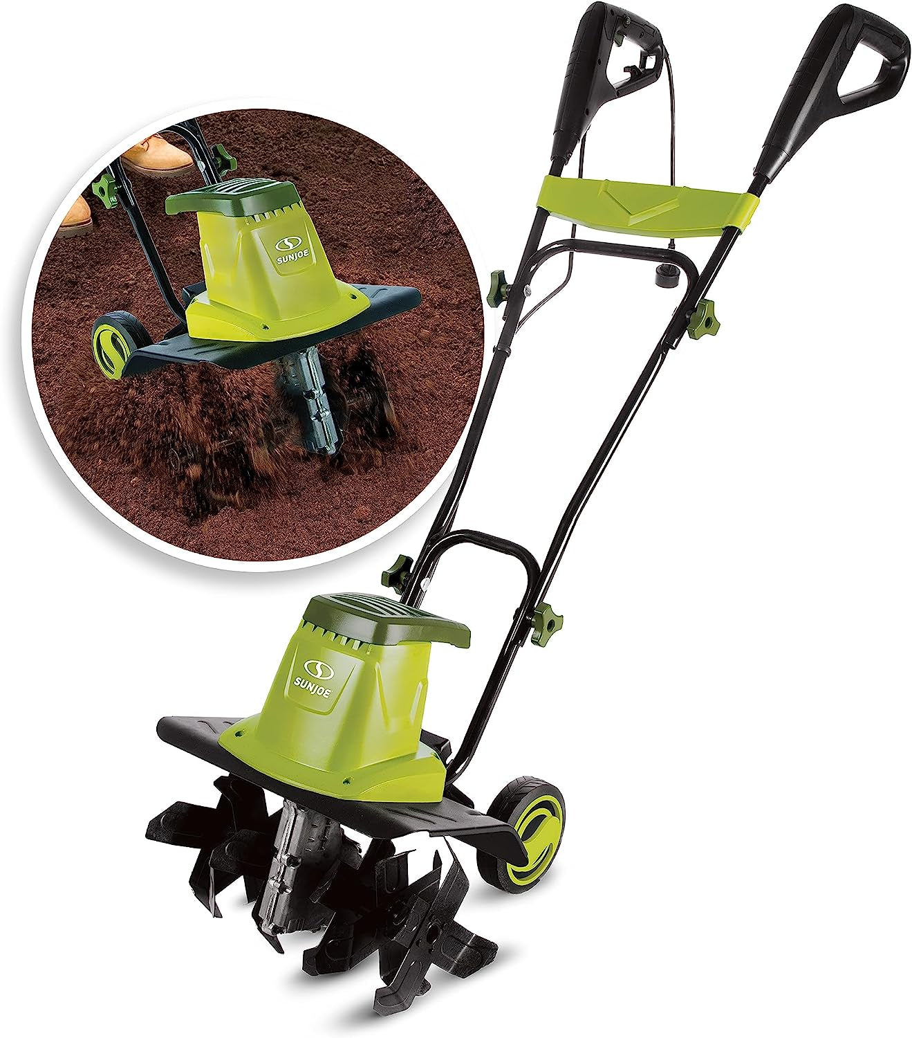 16-Inch 12-Amp Electric Garden Tiller/Cultivator with 3-Position Wheel Adjustment, 6-Steel Angled Tines, and Maintenance-Free Operation