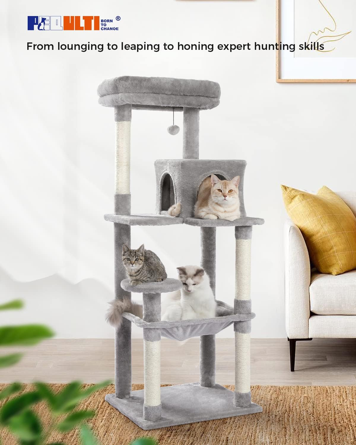 Cat Tree for Large Cats - Sturdy Metal Frame, Spacious Hammock, and Multi-Level Design - Ideal Indoor Cat Tower with Condo House, Scratching Posts, and Top Perch - 56.3" [143cm] Height - Elegant Grey Color