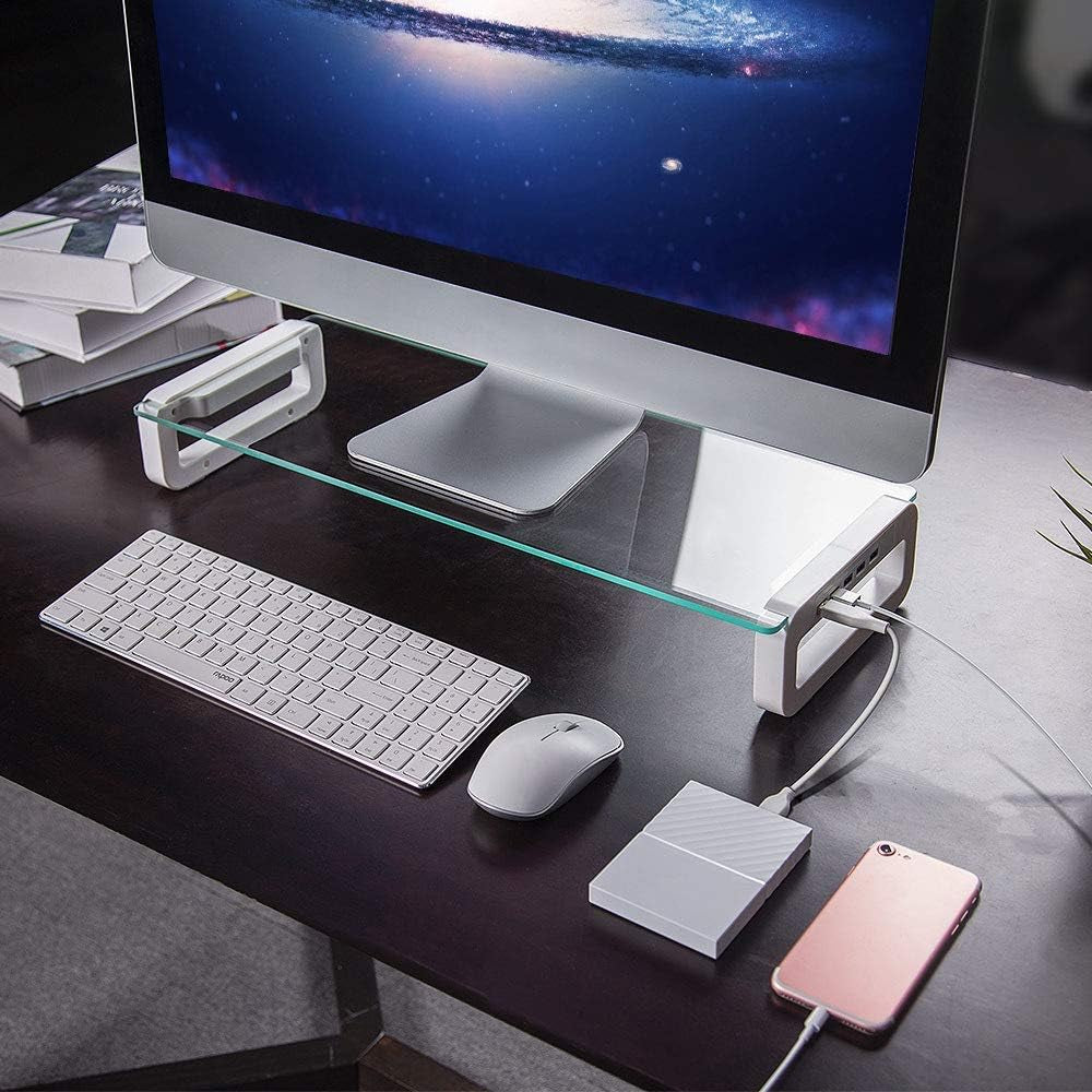 Tempered Glass Monitor Stand Riser with Built-in 4-Port USB 3.0 Hub - Enhances Desk Space, Offers Quick Charge and High-Speed Data Transfer at 5Gbps, Includes USB Cable; Suitable for Laptops, PCs, MacBooks, and More, in a Sleek White Design