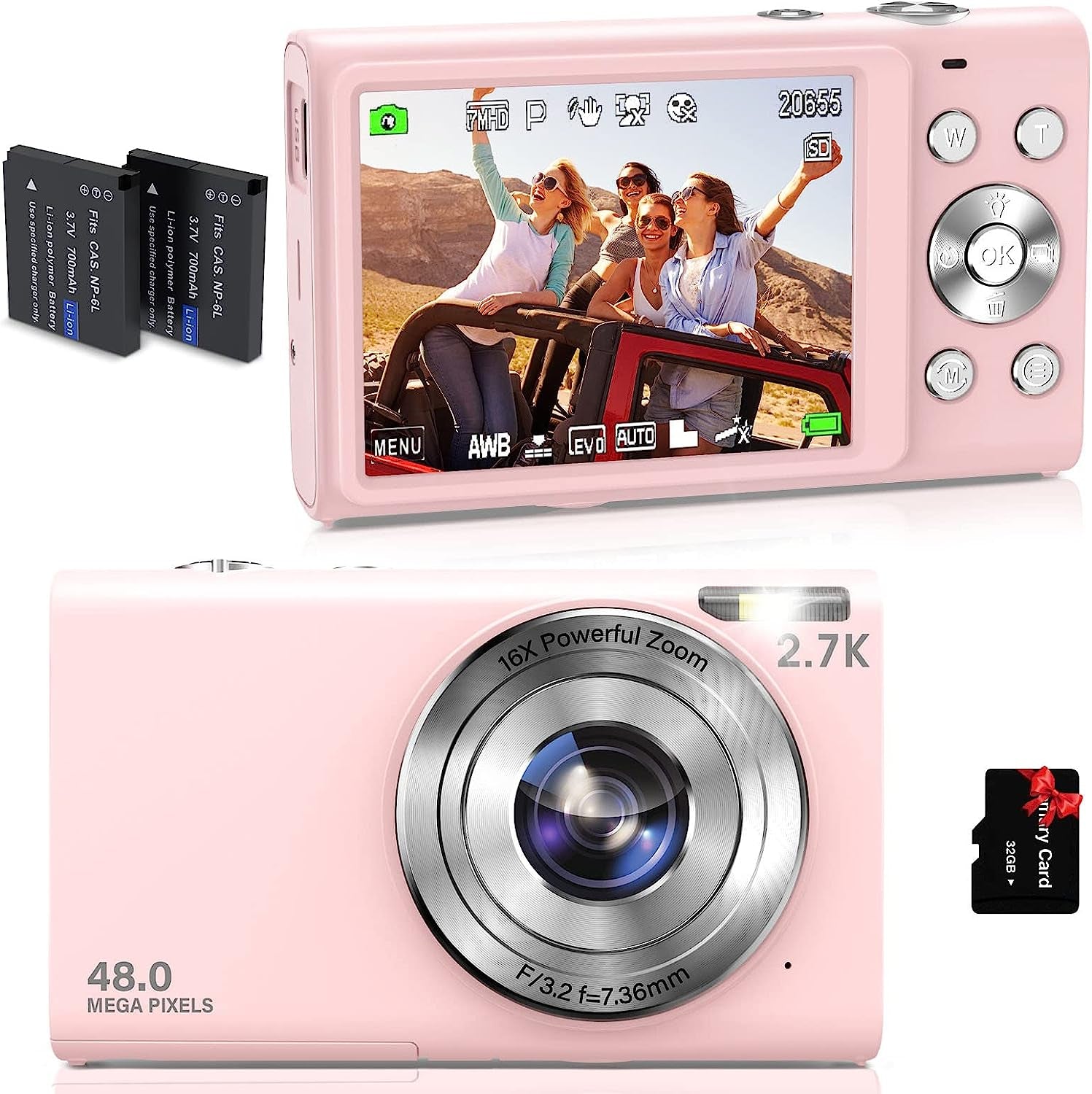 Auto Focus Digital Camera - A 2.7K Vlogging Camera with HD 48MP resolution, 16X Digital Zoom, and it includes a 32GB Memory Card, 2 Batteries, and a Charger. This portable, compact camera is suitable for Kids, Teens, Adults, and Beginners. Color: Pink.