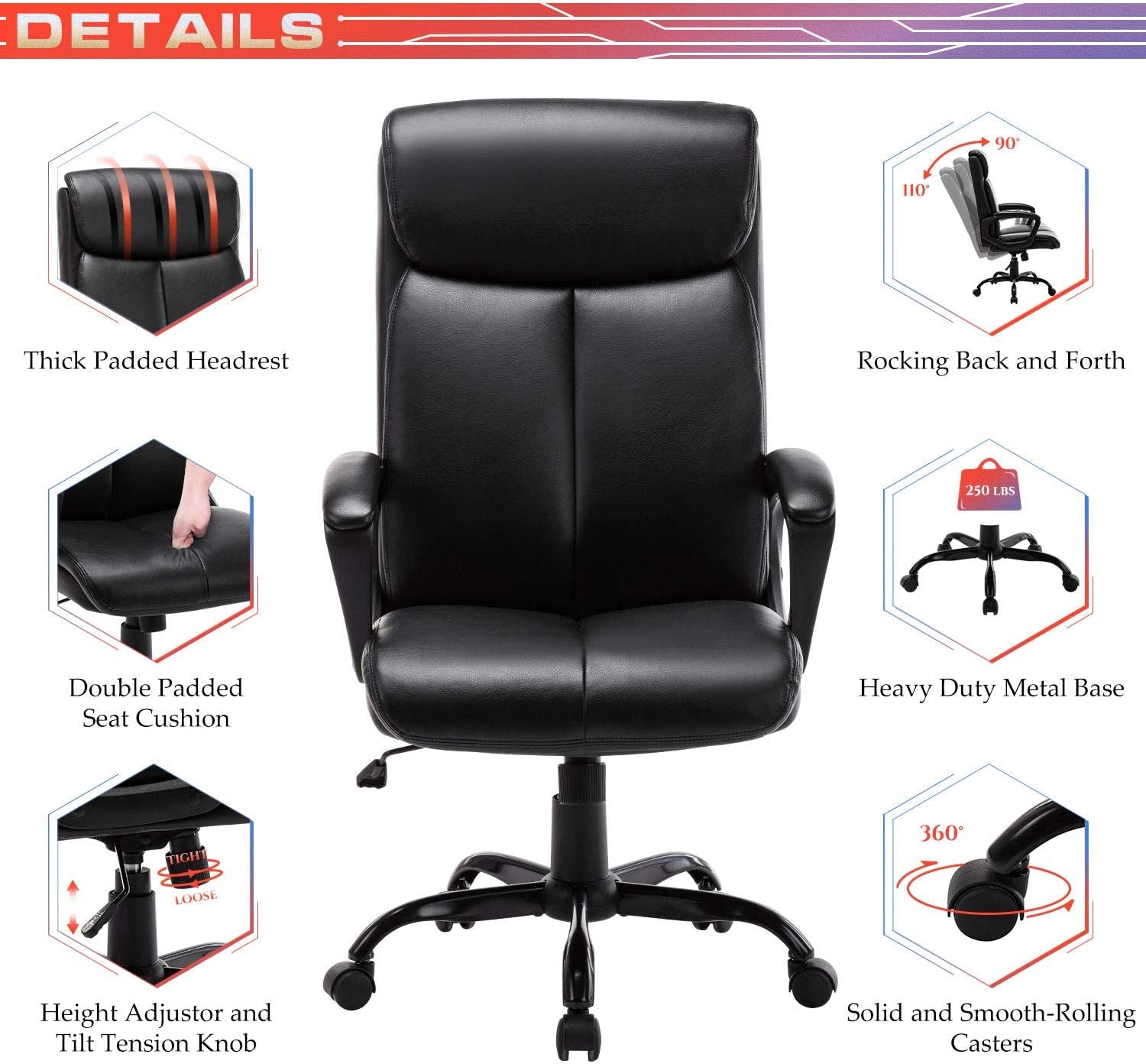 Executive Bonded Leather High-Back Office Chair - Swivel Task Chair with Rocking Function, Designed for Computer Desks, in Black.