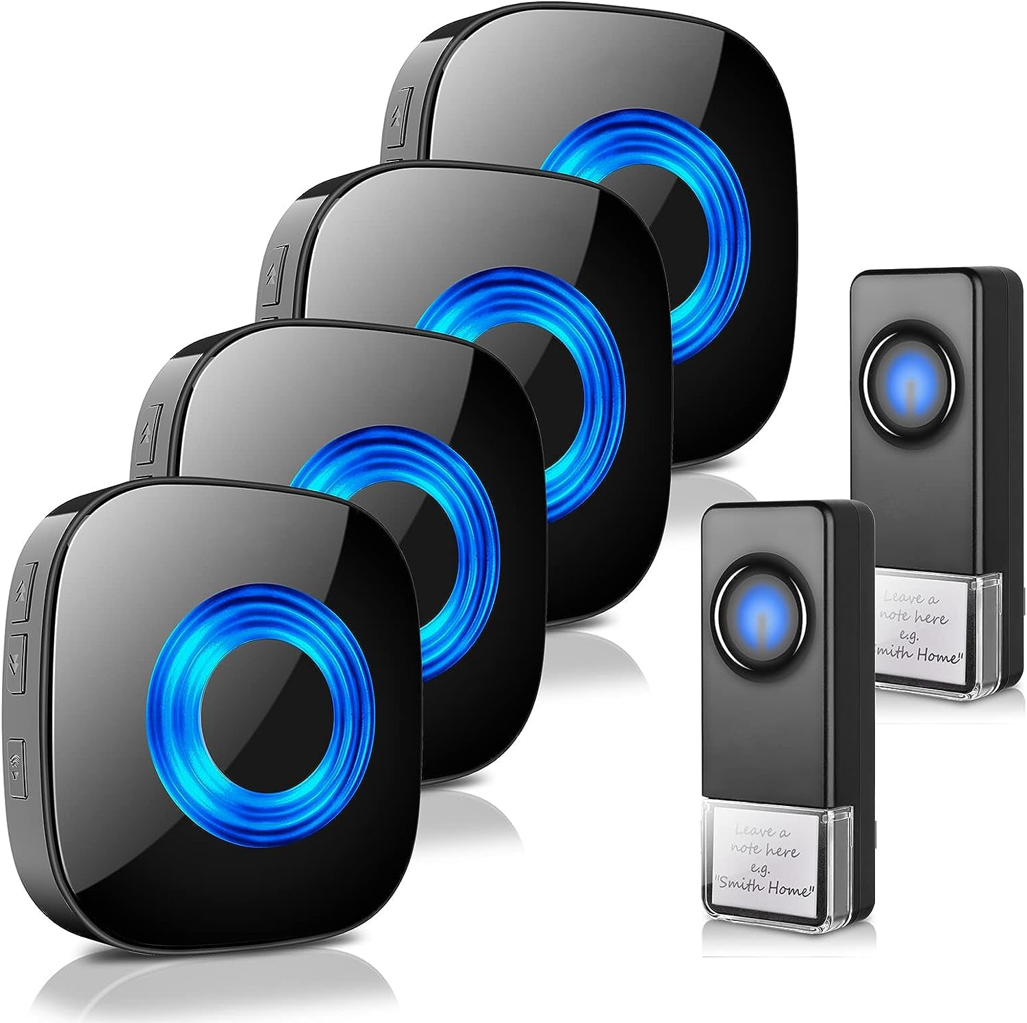 Waterproof Wireless Doorbell, Door Bell Chimes with Mute Mode, 58 Door Chimes, 5 Volume Levels, 1300-ft Range, 4 Receivers & 2 Doorbell Buttons for Home with LED Strobe, Black