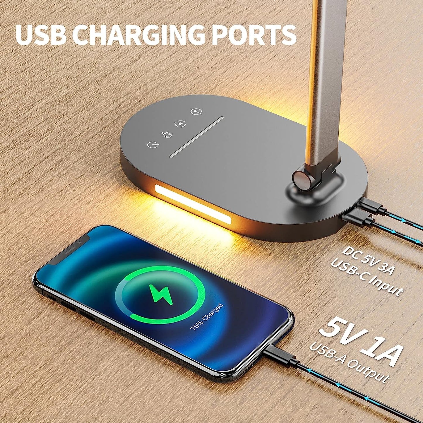 Dual Swing Arm LED Desk Lamp: Equipped with USB Charging Port and Night Light Function. This Desk Lamp offers 5 Color Modes, 5 Brightness Levels, and Touch Control. Ideal for Desktop, Office, or Table Use with Convenient Plug.